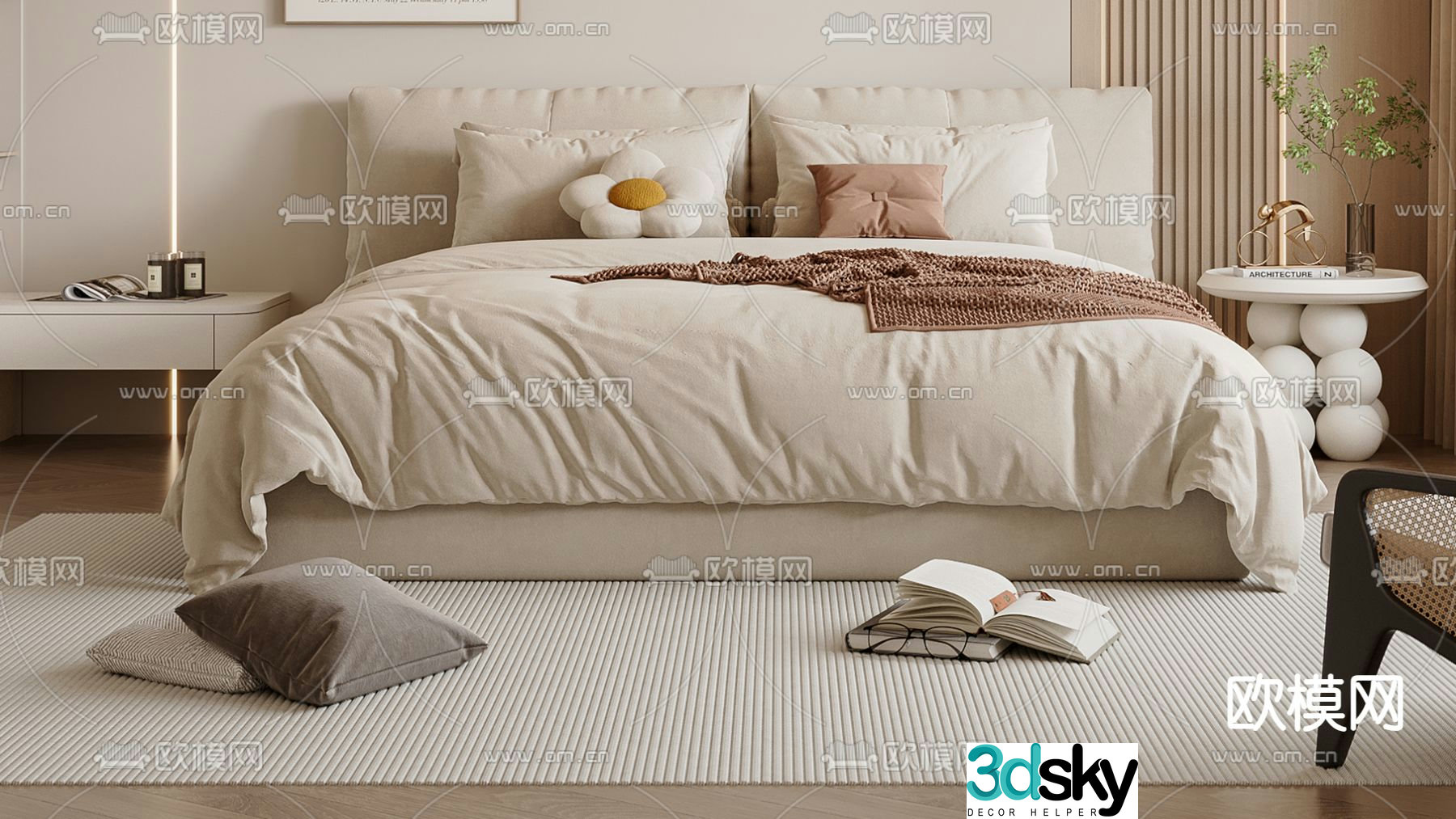 Cream style double bed 3d model