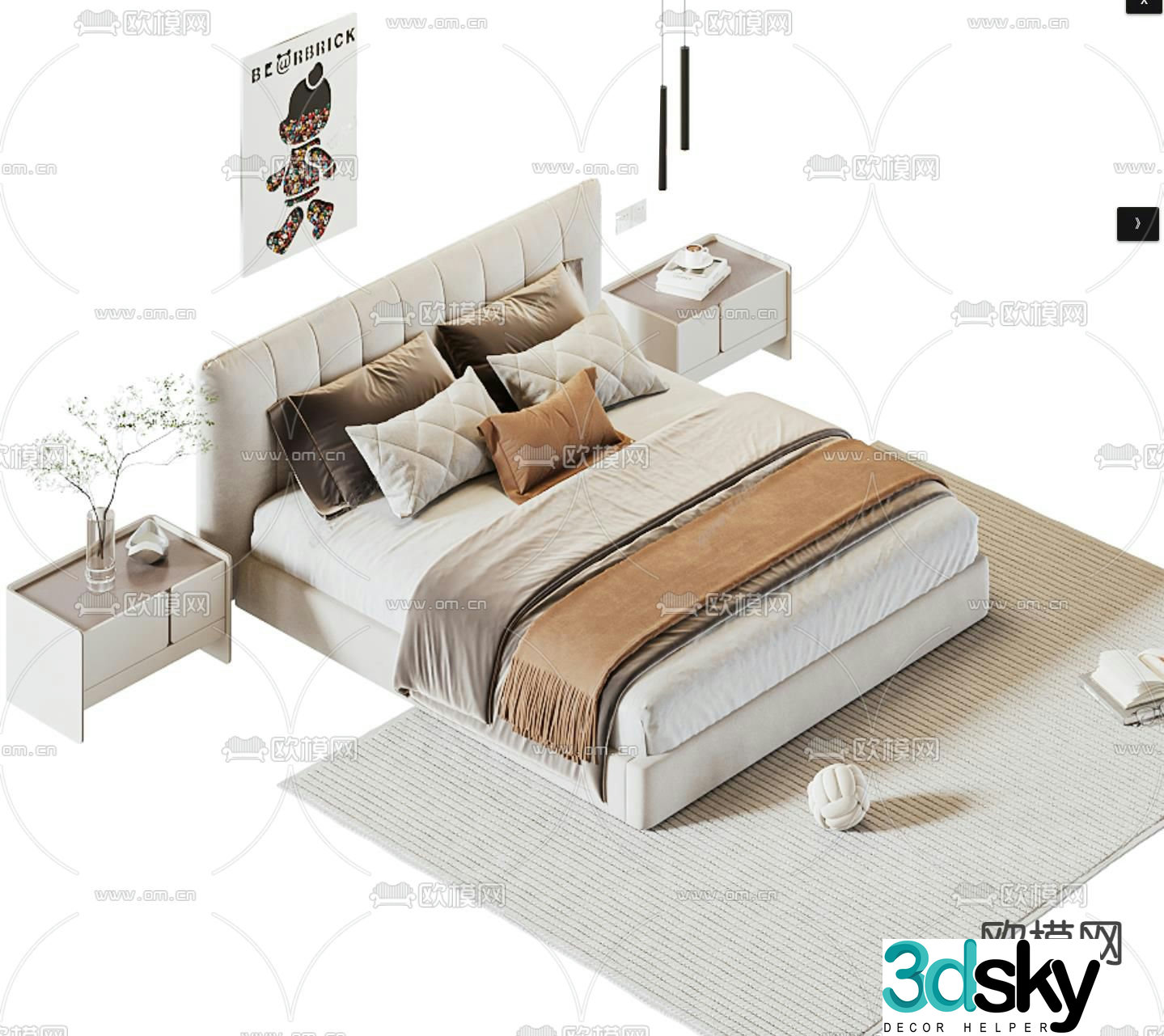 Cream style double bed 3d model
