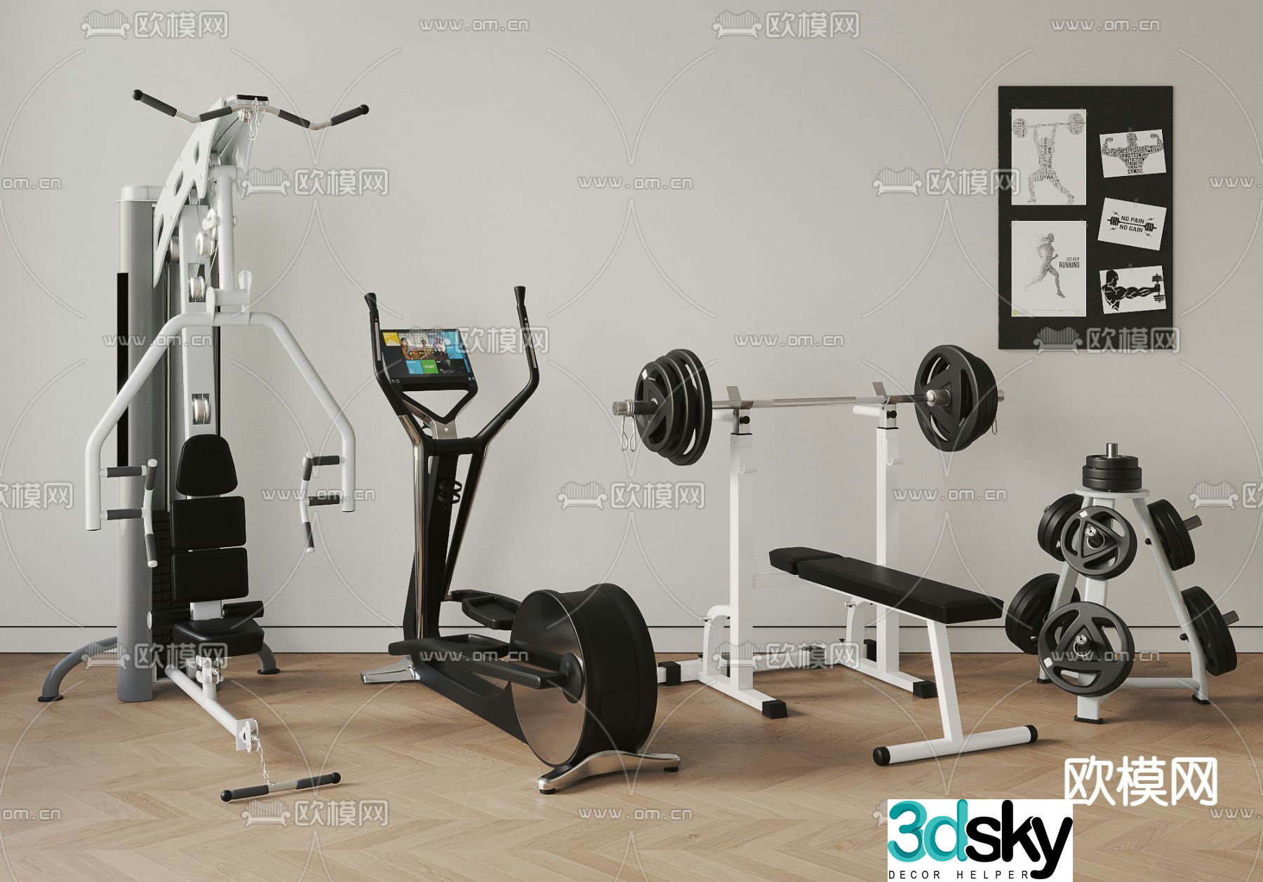 Fitness equipment elliptical machine dumbbell barbell bench press 3d model