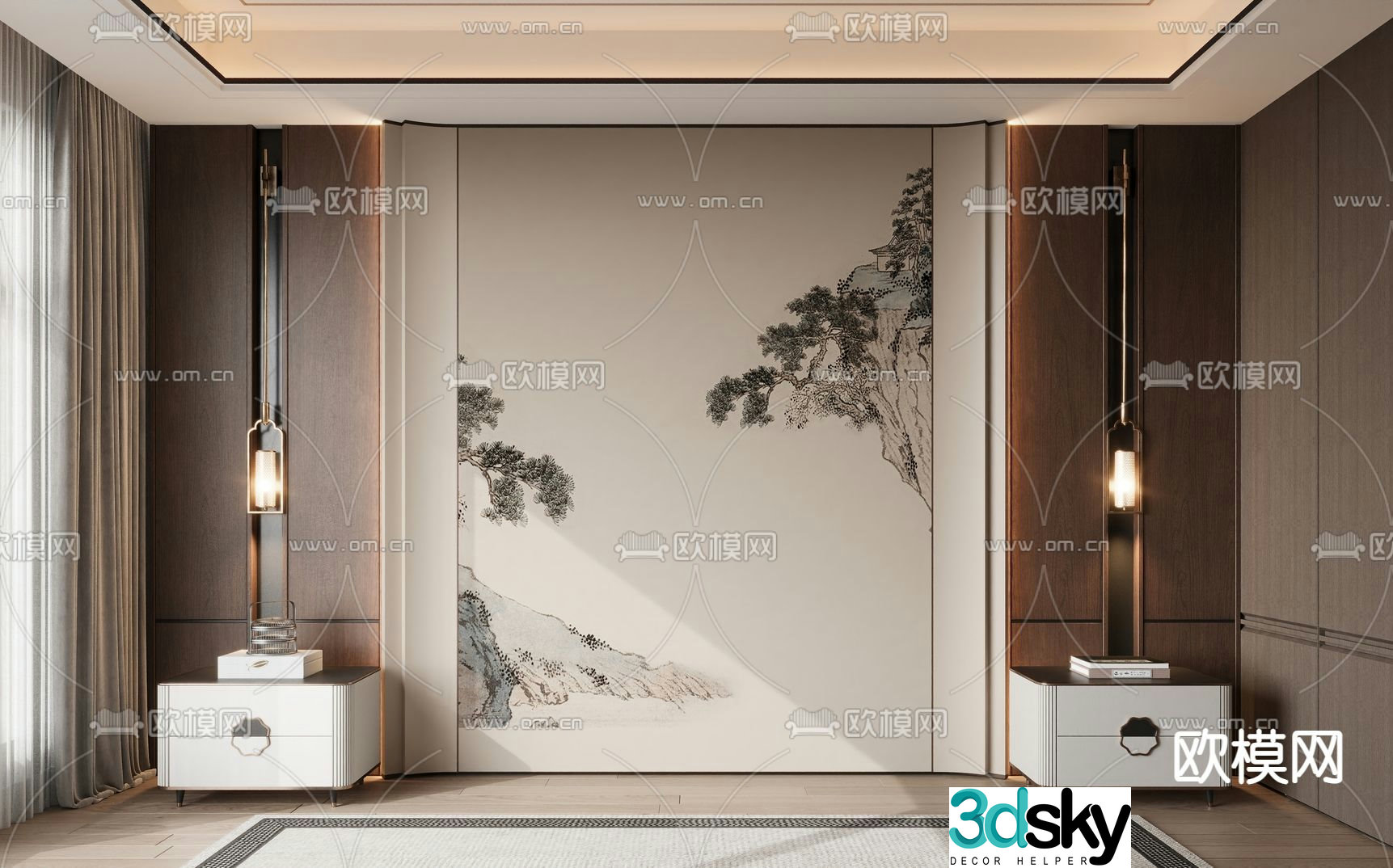 New Chinese style background wall bedside background 3d model