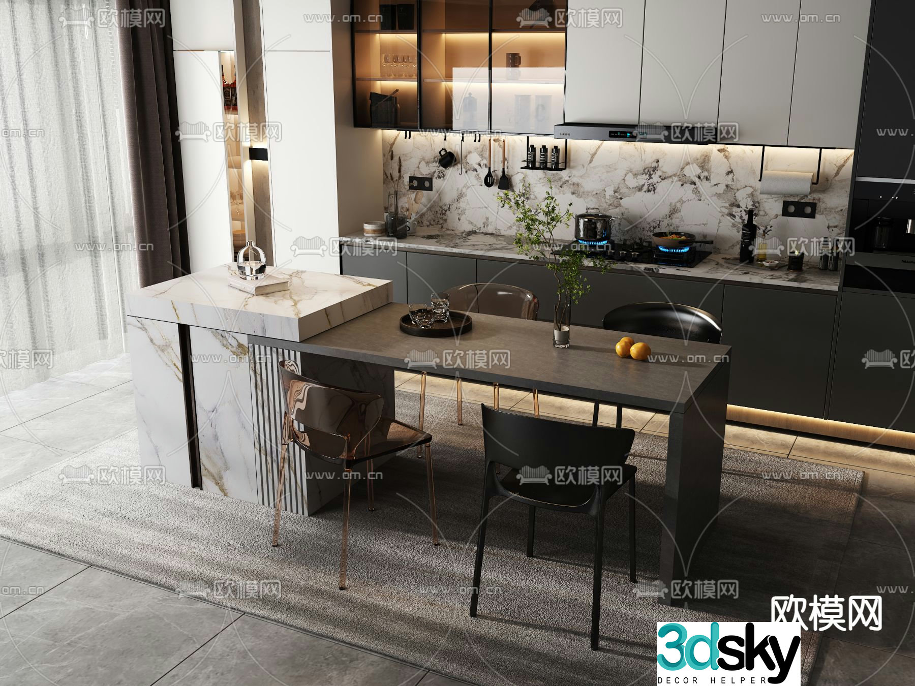 Island dining table and chairs cabinet 3d model