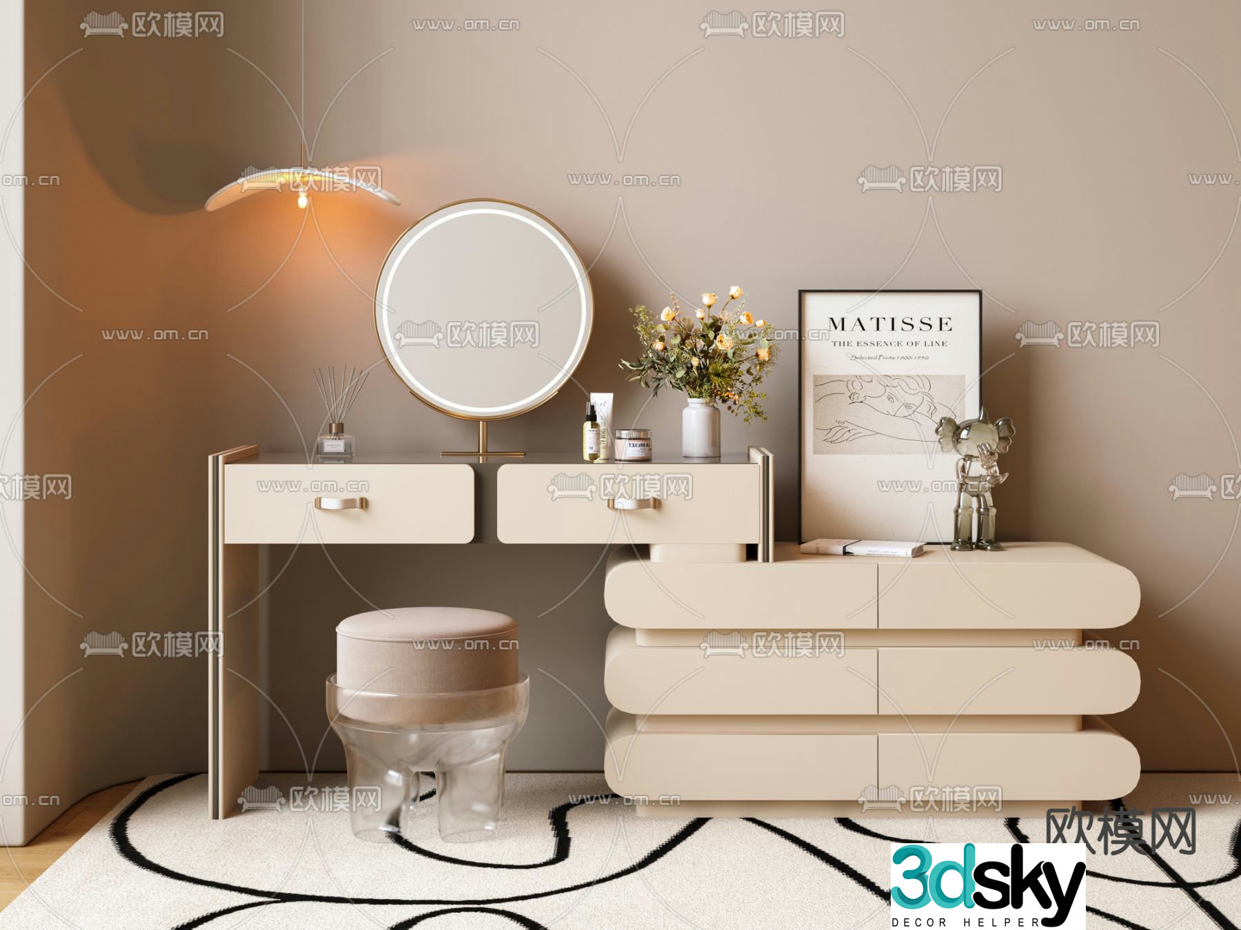 Cream style dressing table makeup table 3d model