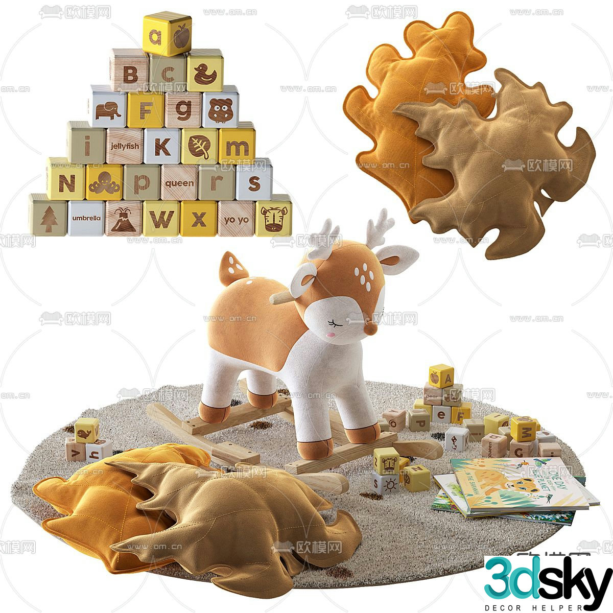 Plush toy children’s wooden horse building blocks fairy tale book 3d model