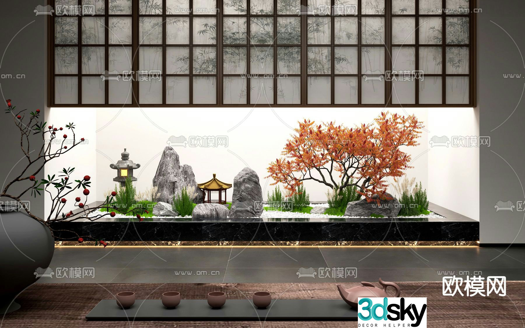 New Chinese-style plant pile indoor landscaping 3D model