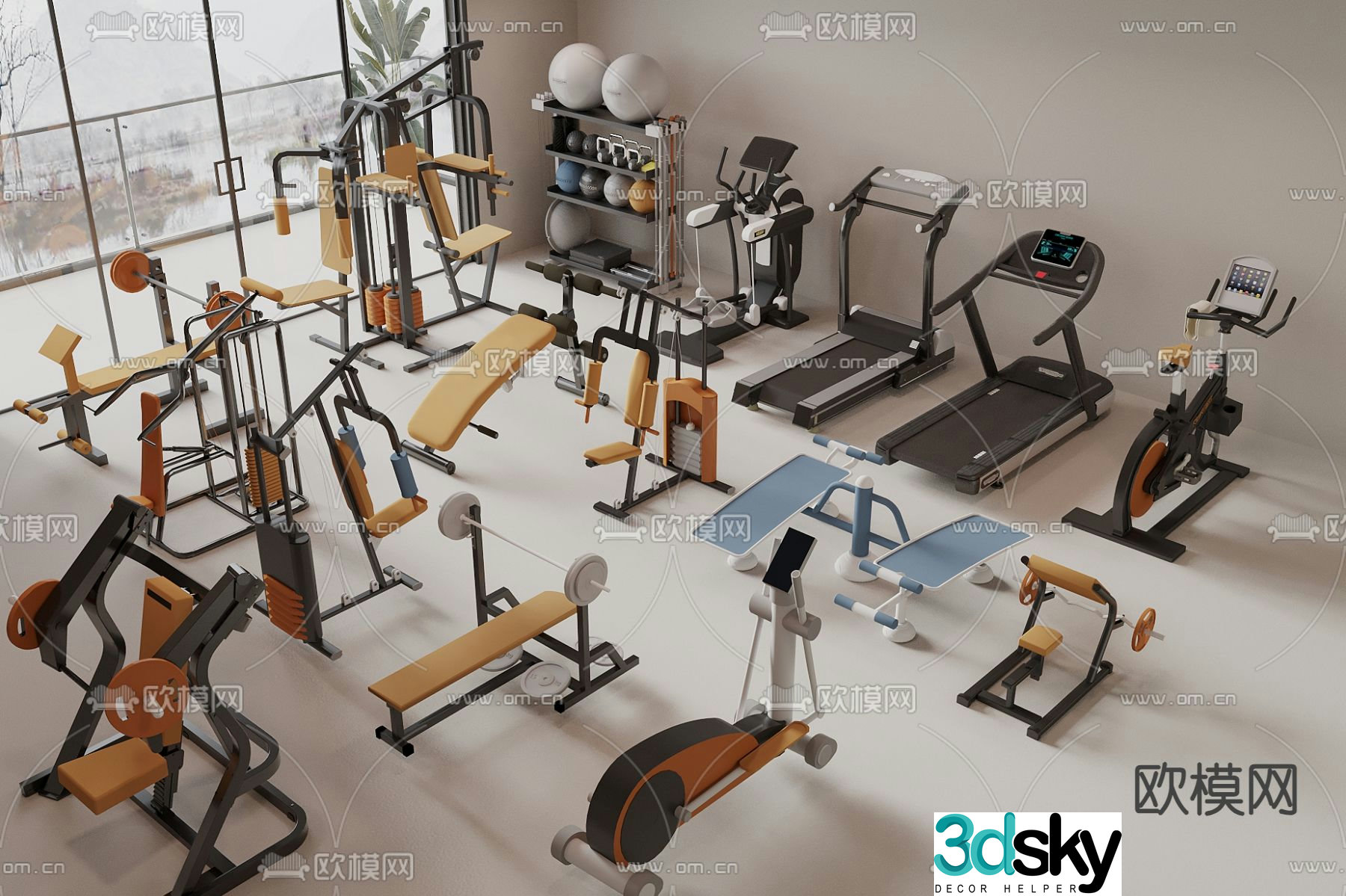 Fitness equipment treadmill dumbbell weightlifter 3d model