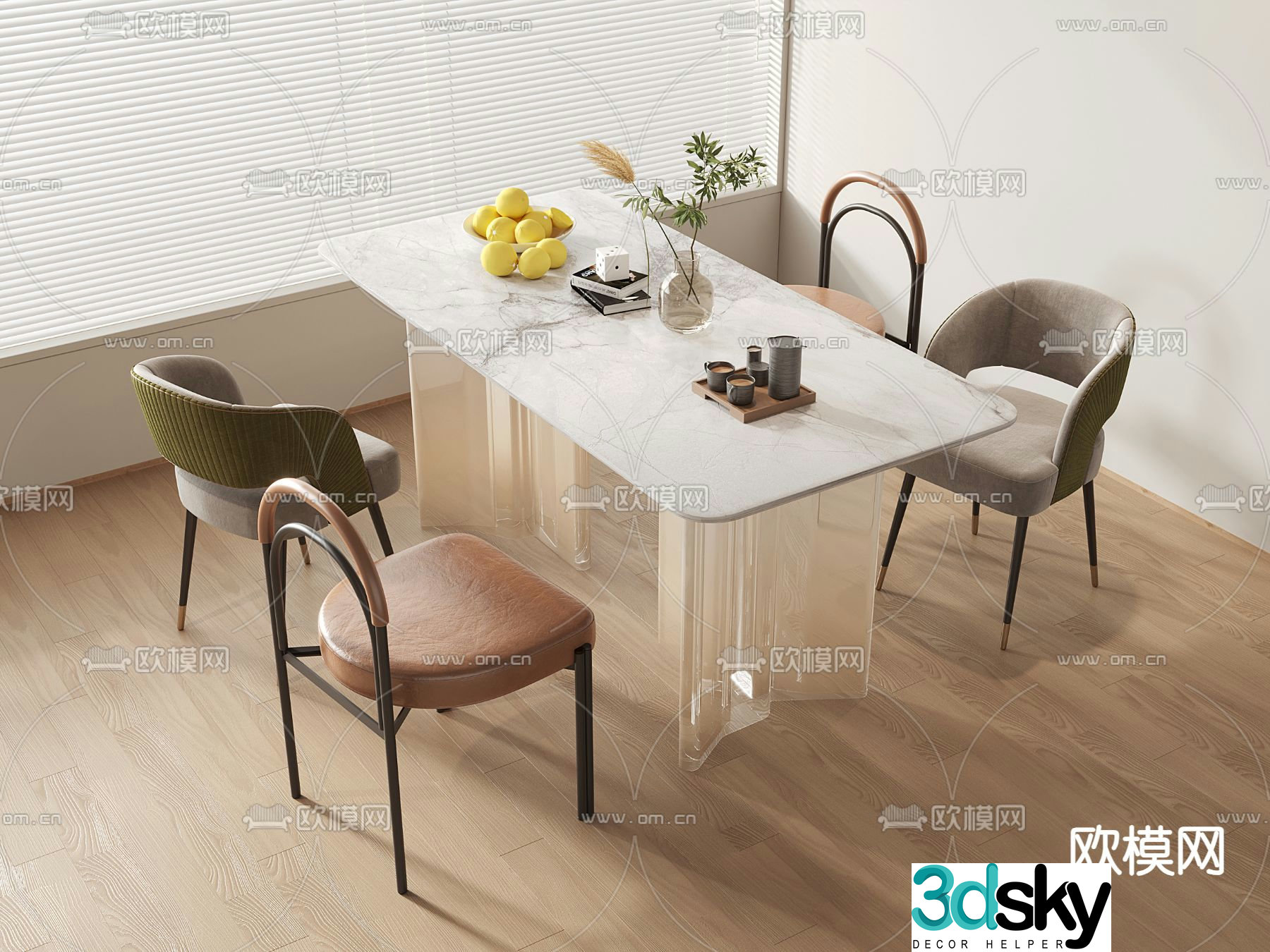 Cream style dining table and chairs slate dining table 3D model
