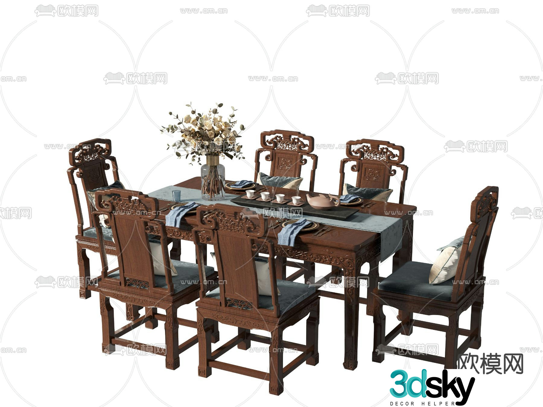 Chinese dining table and chairs mahogany dining table 3d model