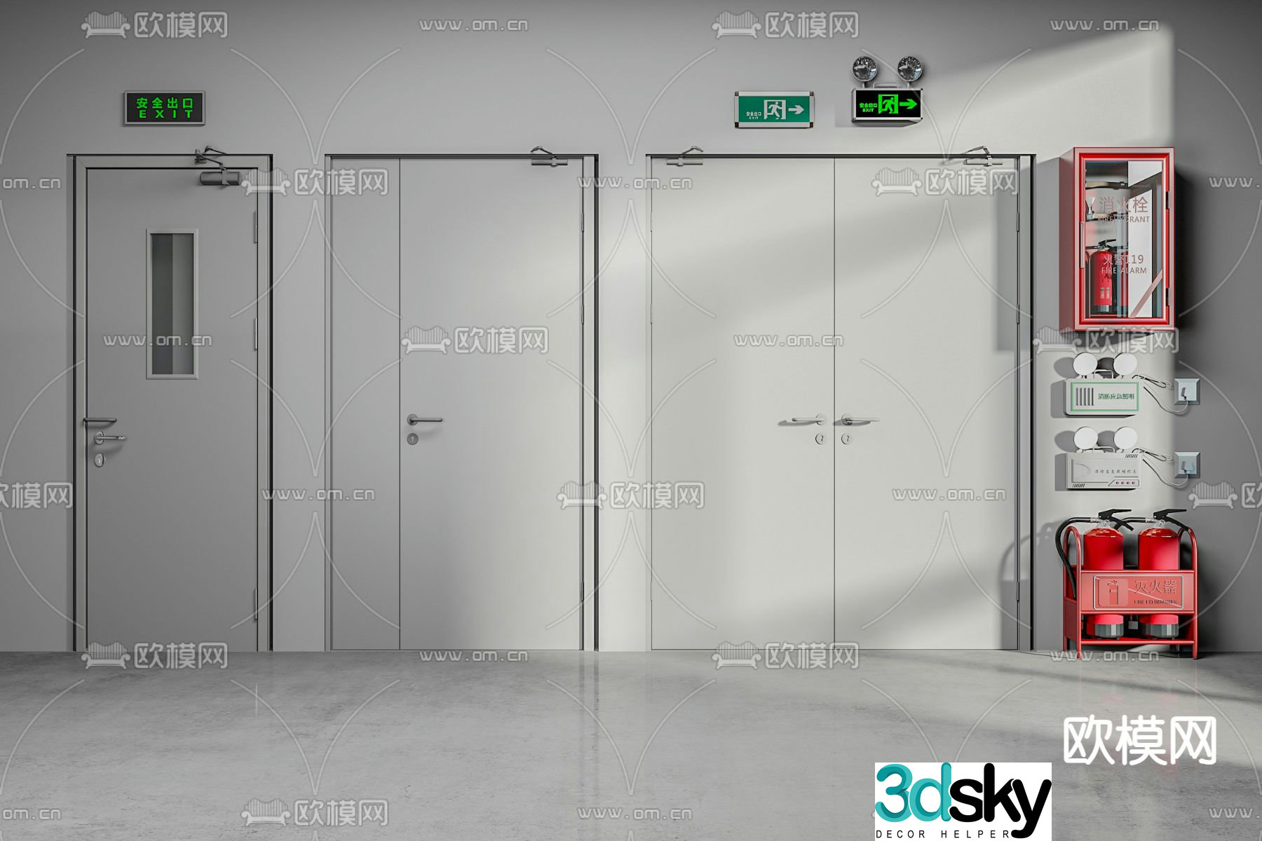 Fire equipment fire door fire hydrant emergency lighting fire extinguisher safety exit 3d model
