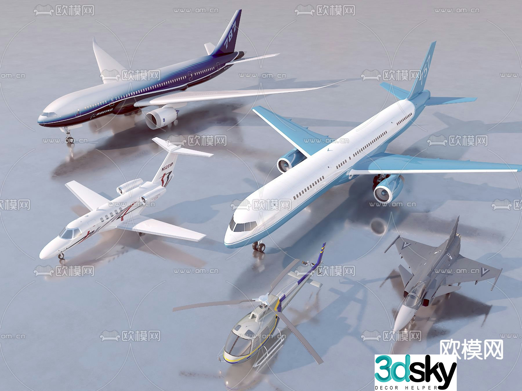 airplane passenger plane helicopter fighter jet private jet 3d model