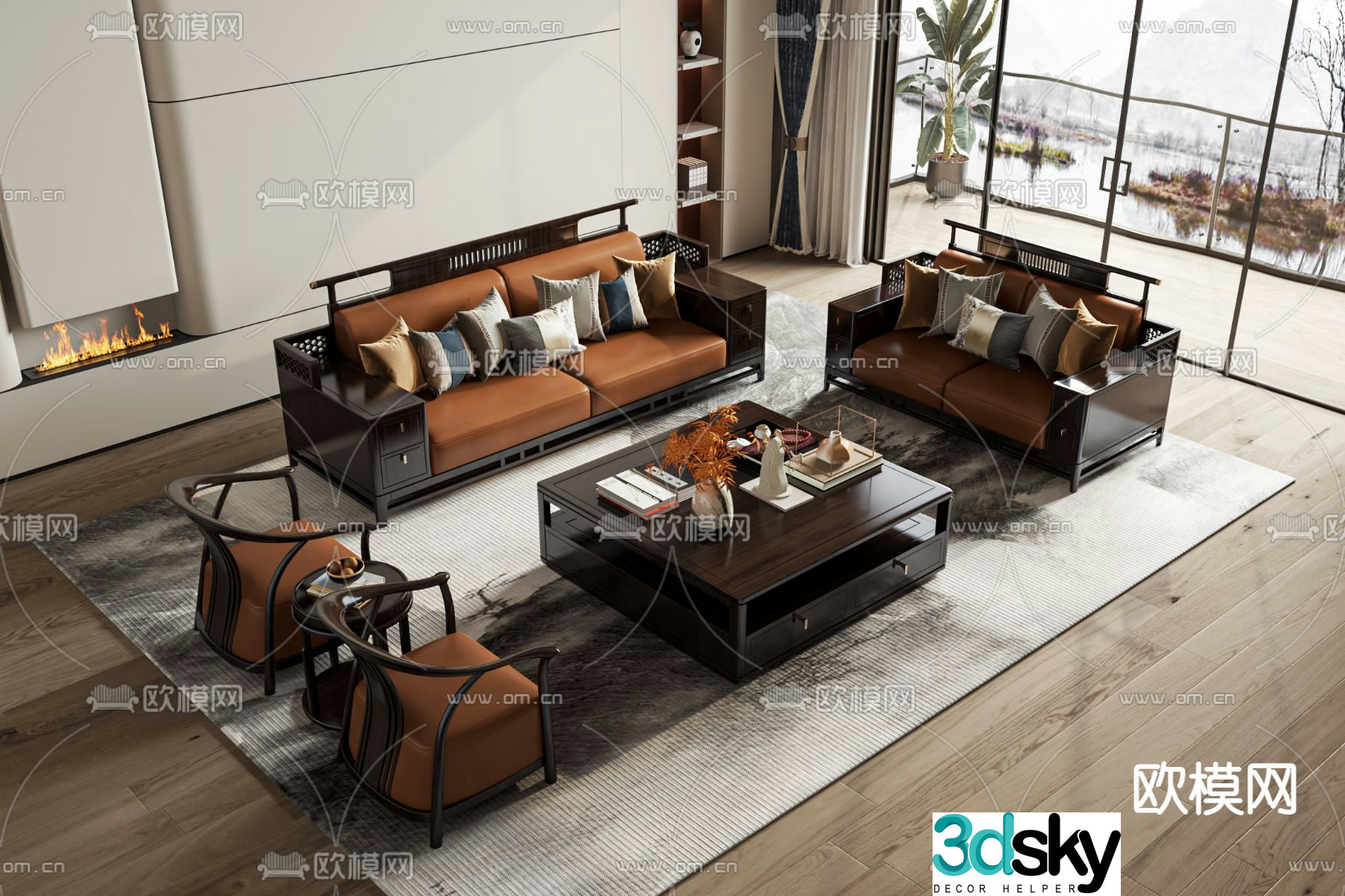 New Chinese style modular sofa leather sofa 3d model