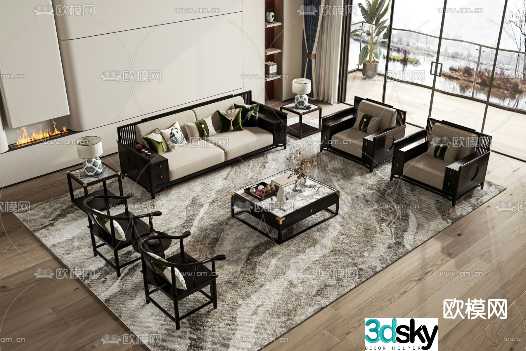 New Chinese style modular sofa leather sofa 3d model