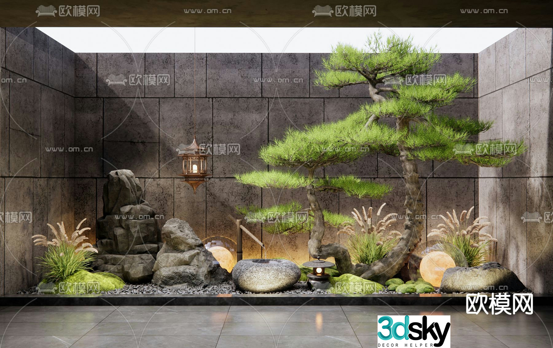 Patio courtyard landscape sketch pine tree landscaping 3D model