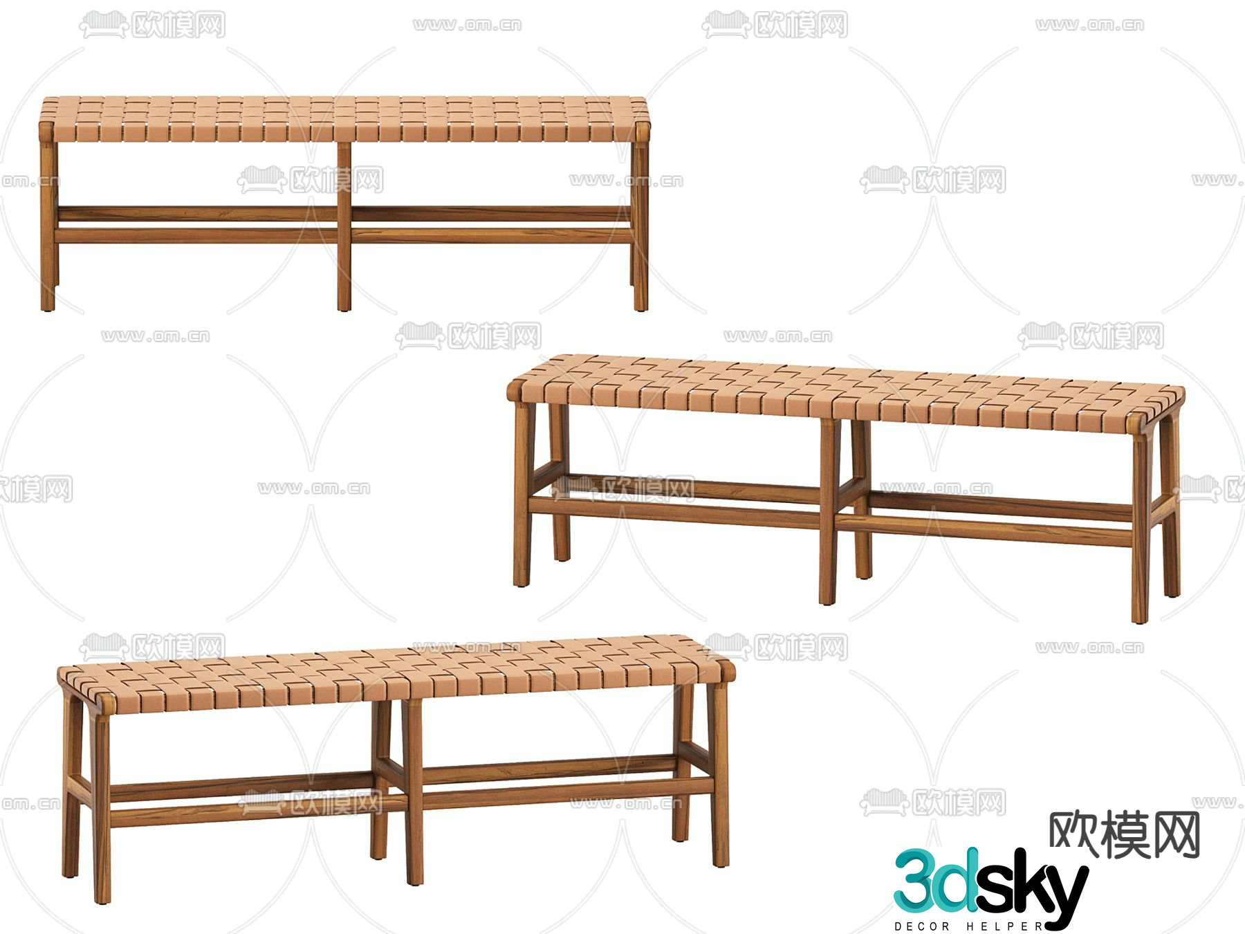 Rattan stool bench wooden stool 3d model