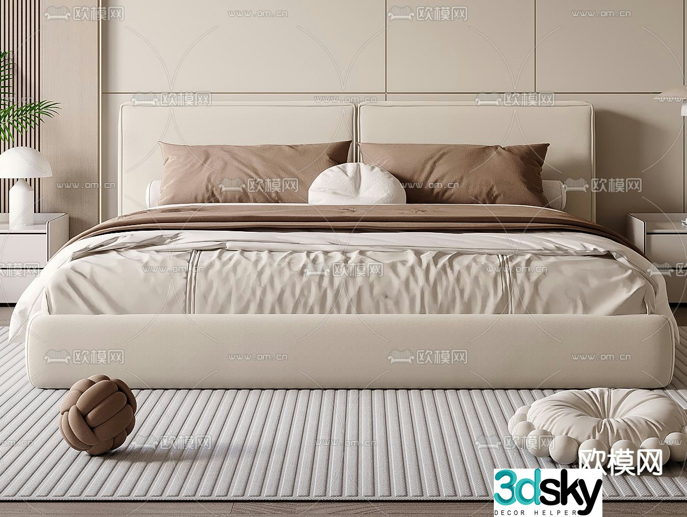 Cream style double bed 3d model