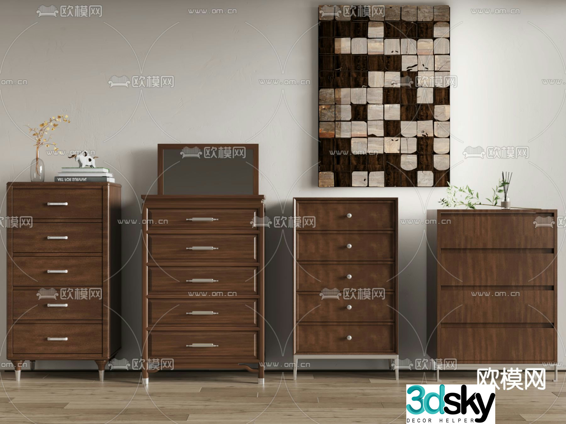 Middle-aged style chest of drawers side cabinet 3D model