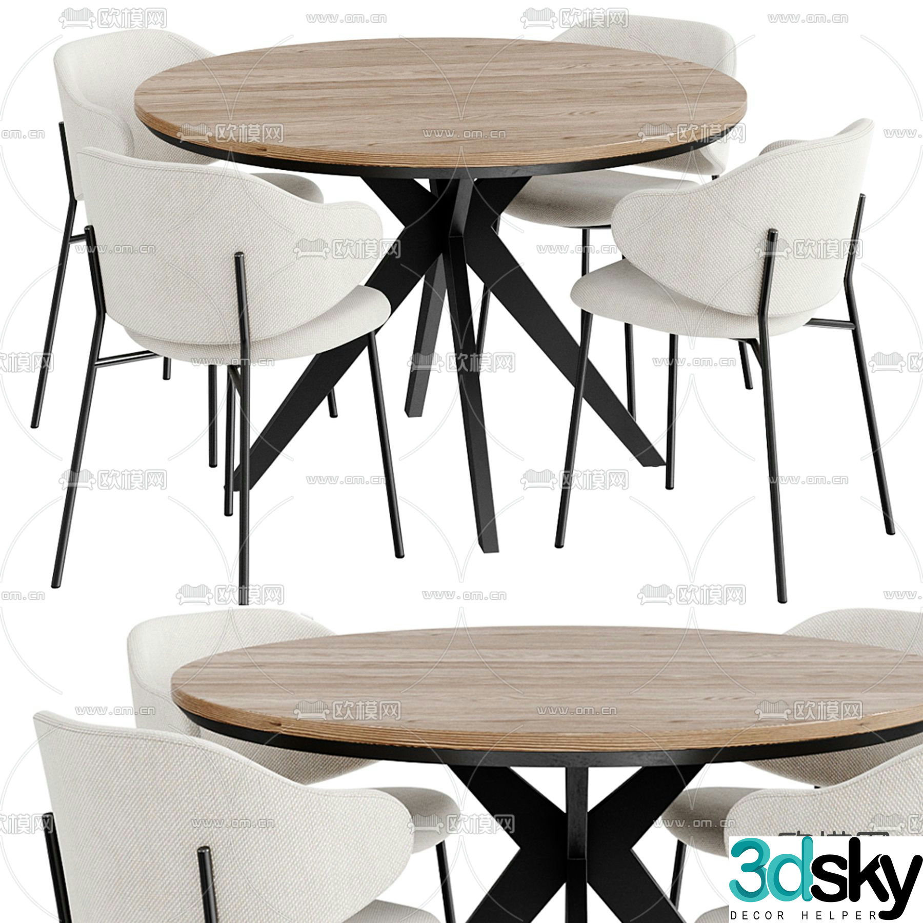 Round dining table and chairs 3d model