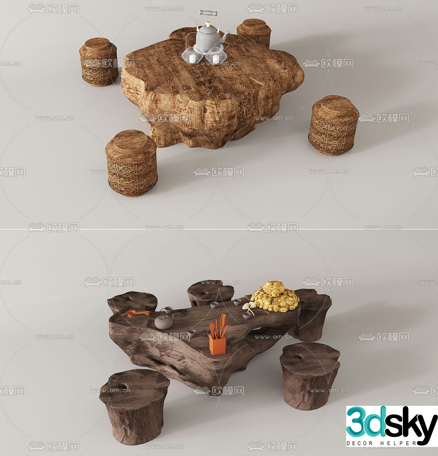 New Chinese style tea table root carving tea table 3d model
