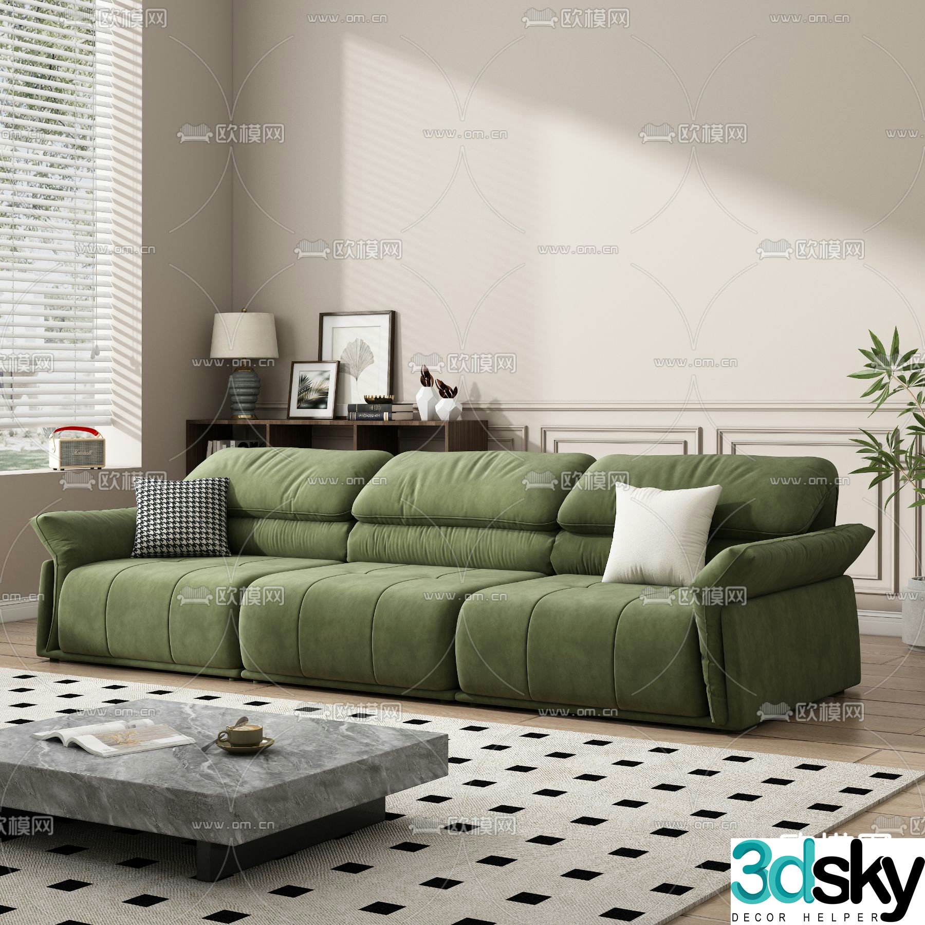 Green sofa multi-person sofa three-person sofa 3d model