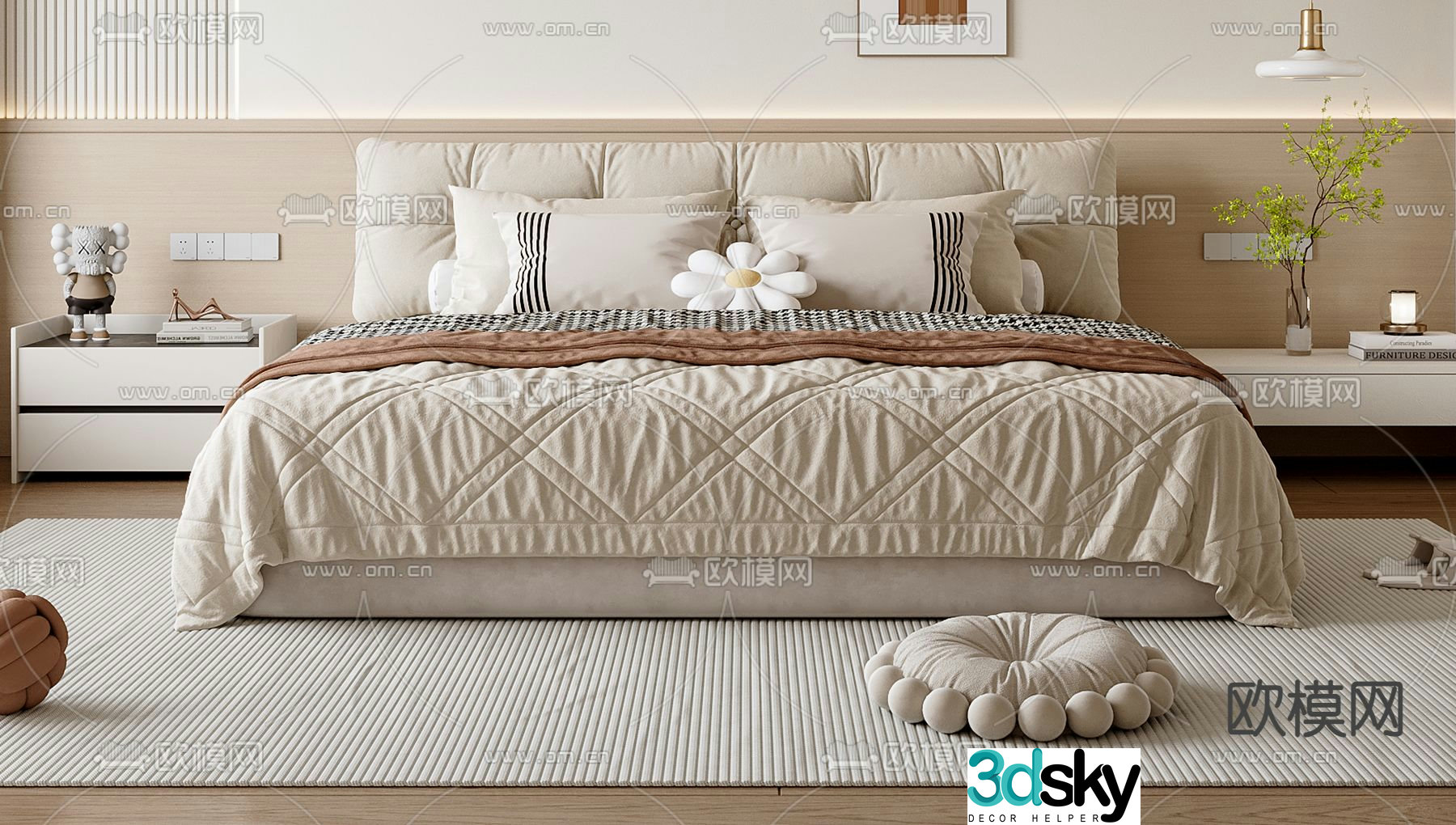 Cream style double bed 3d model