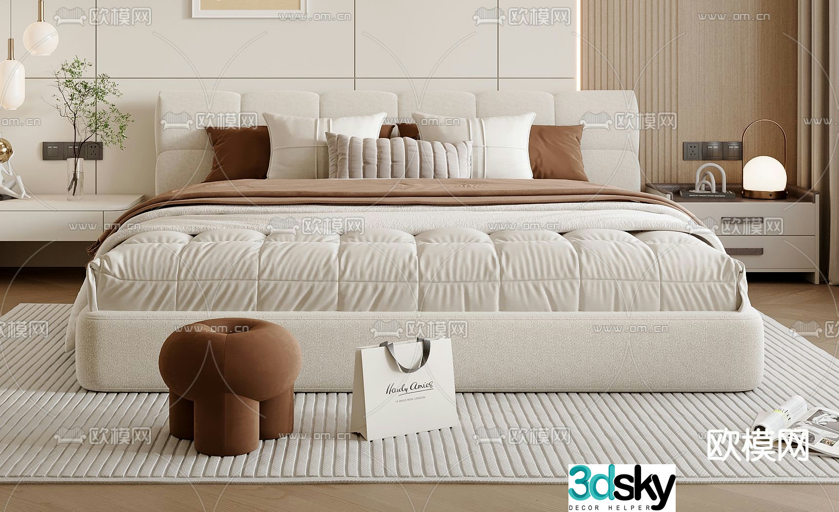 Cream style double bed 3d model