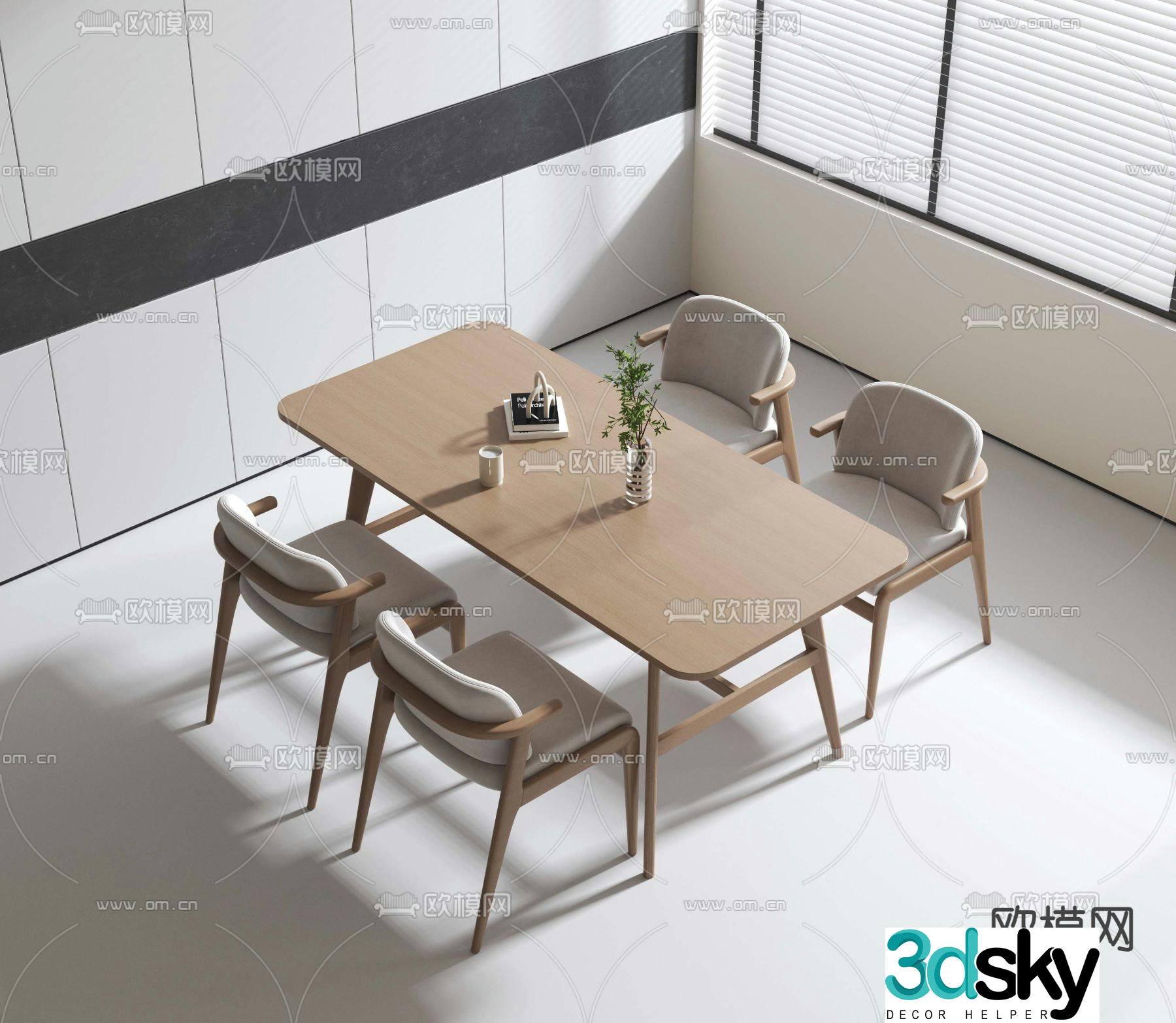 Long dining table and chairs 3d model