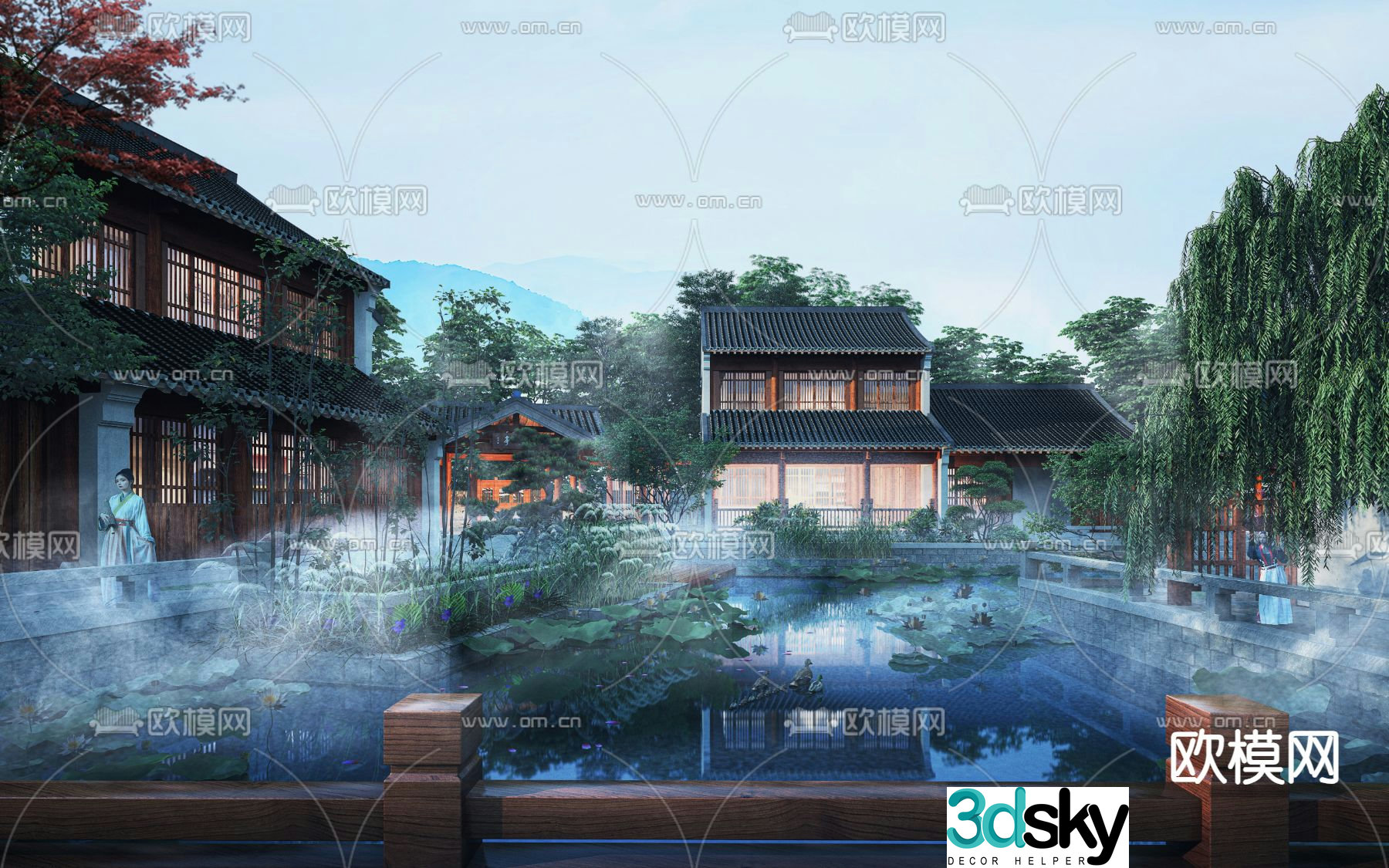 New Chinese style ancient building scenic park 3D model