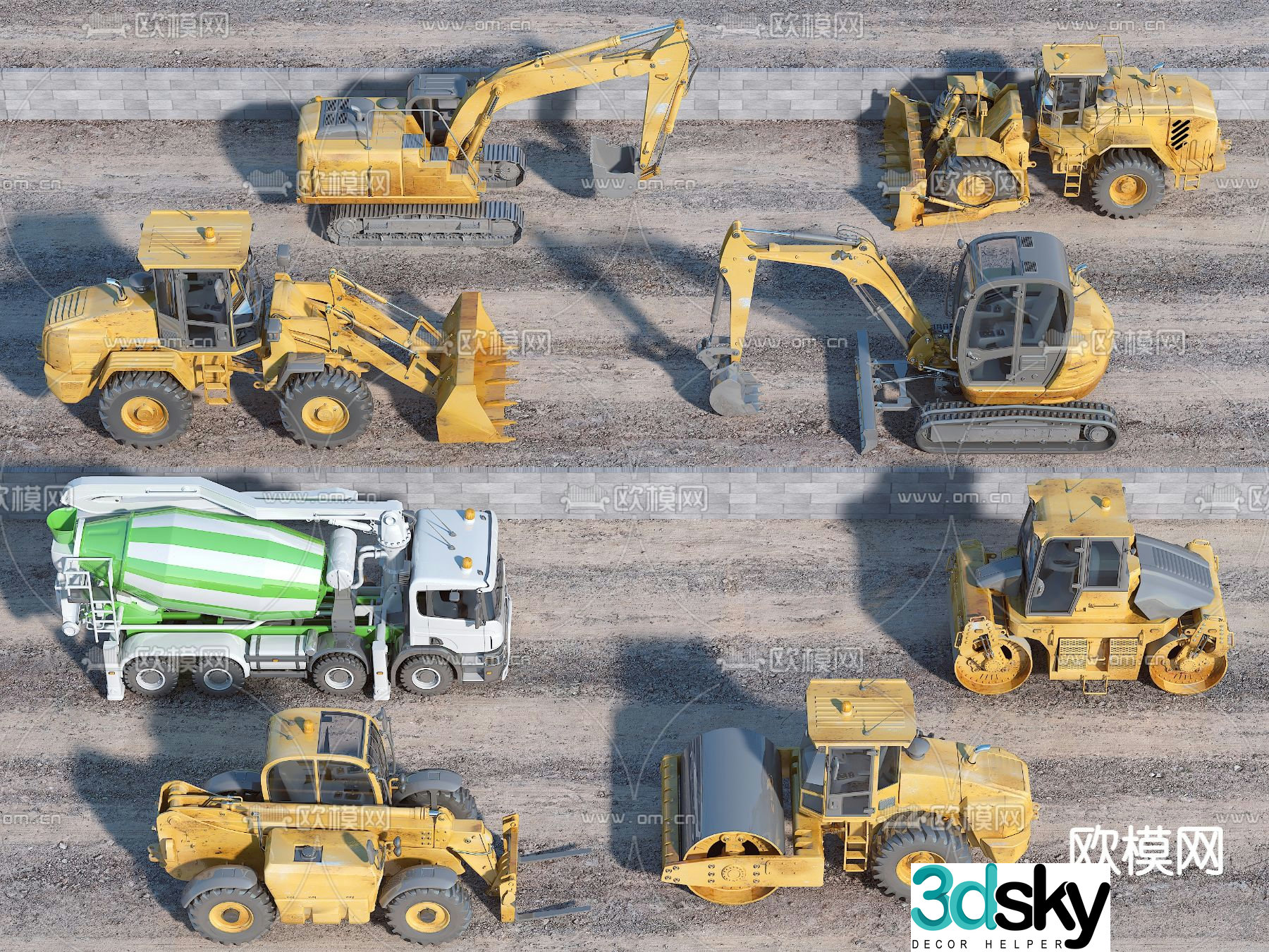 Construction machinery excavator forklift bulldozer road roller mixer truck 3d model