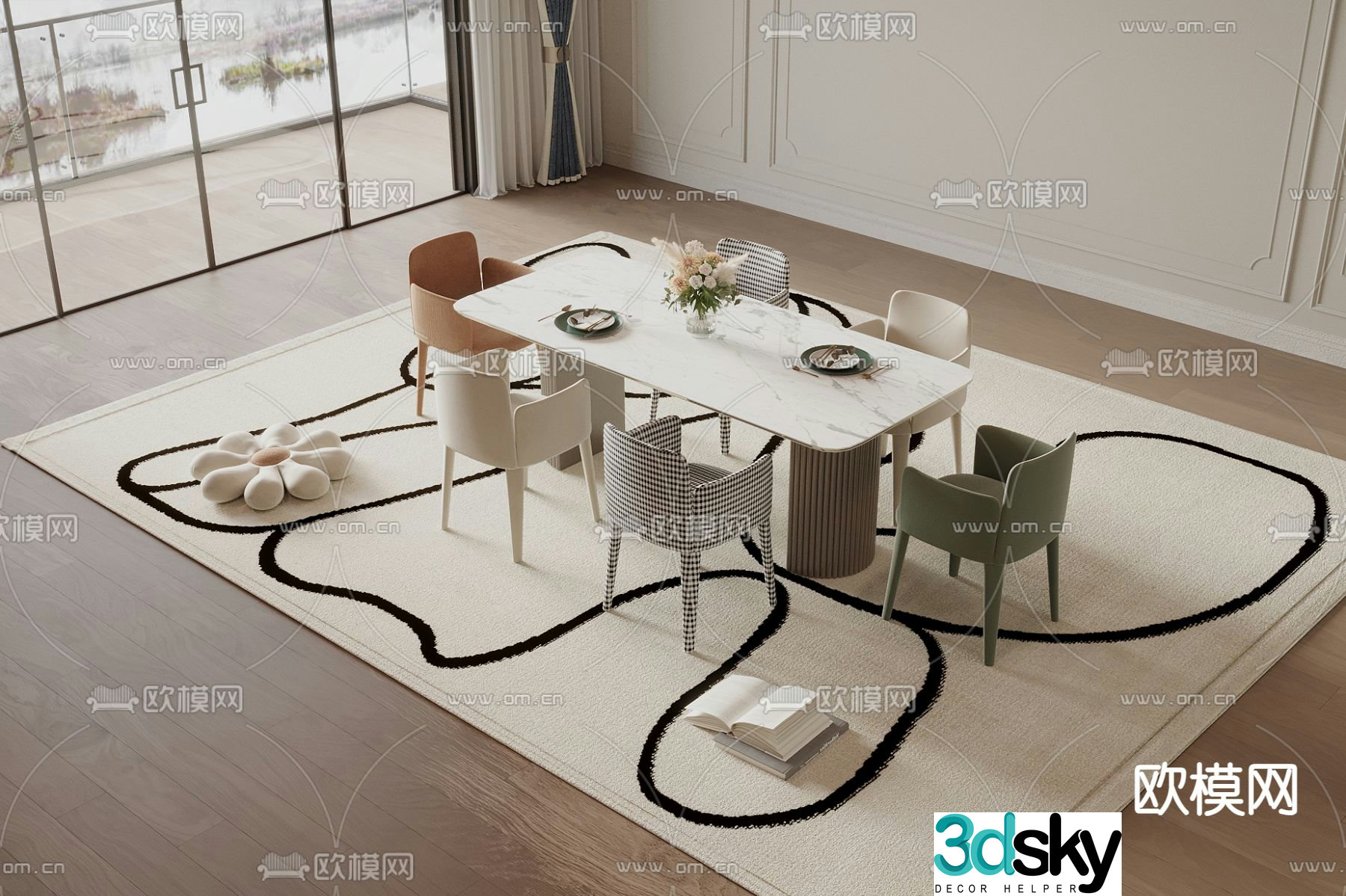 Cream style dining table and chairs slate dining table 3D model