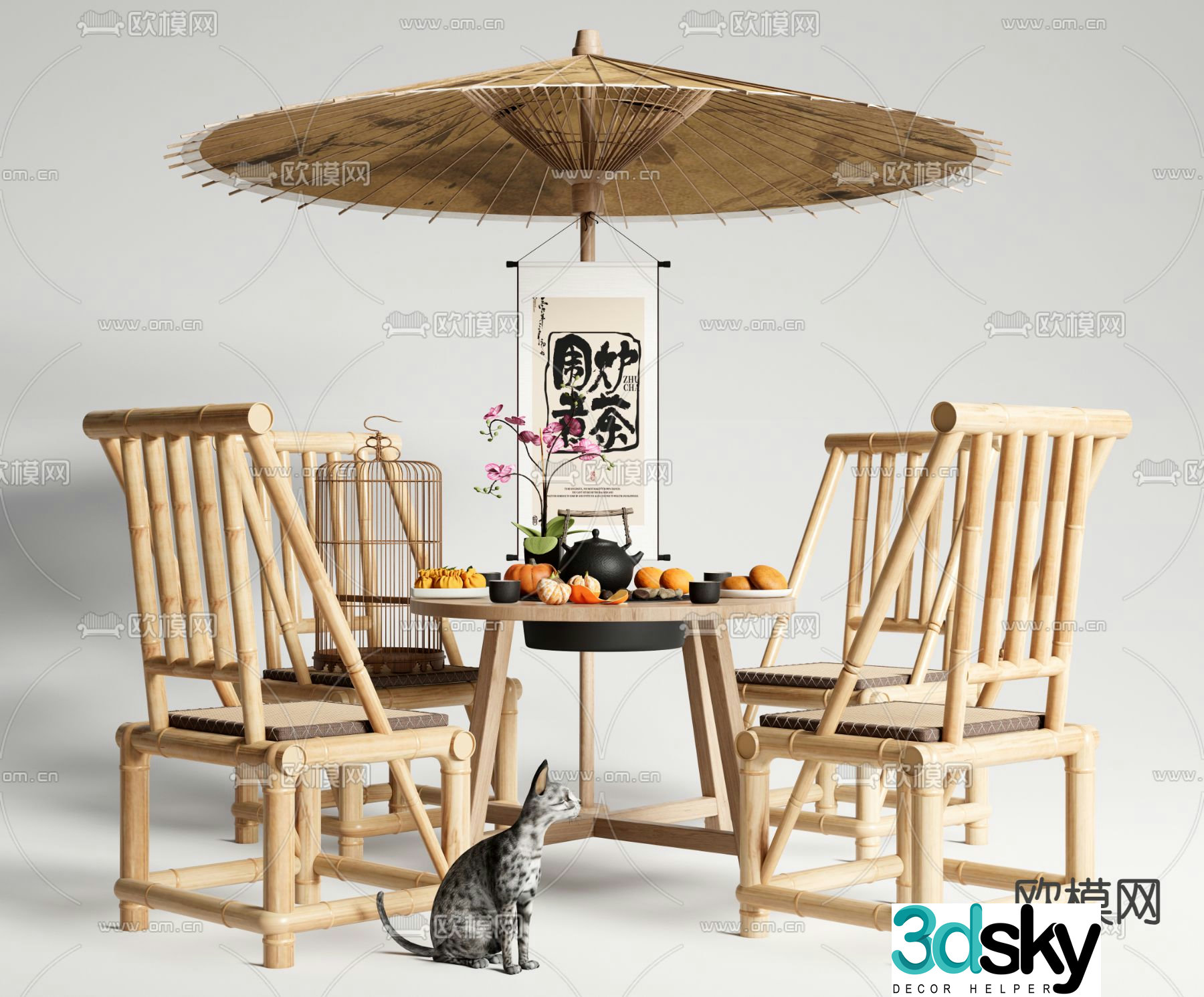 Outdoor tables and chairs bamboo tables and chairs making tea by the fire 3D model