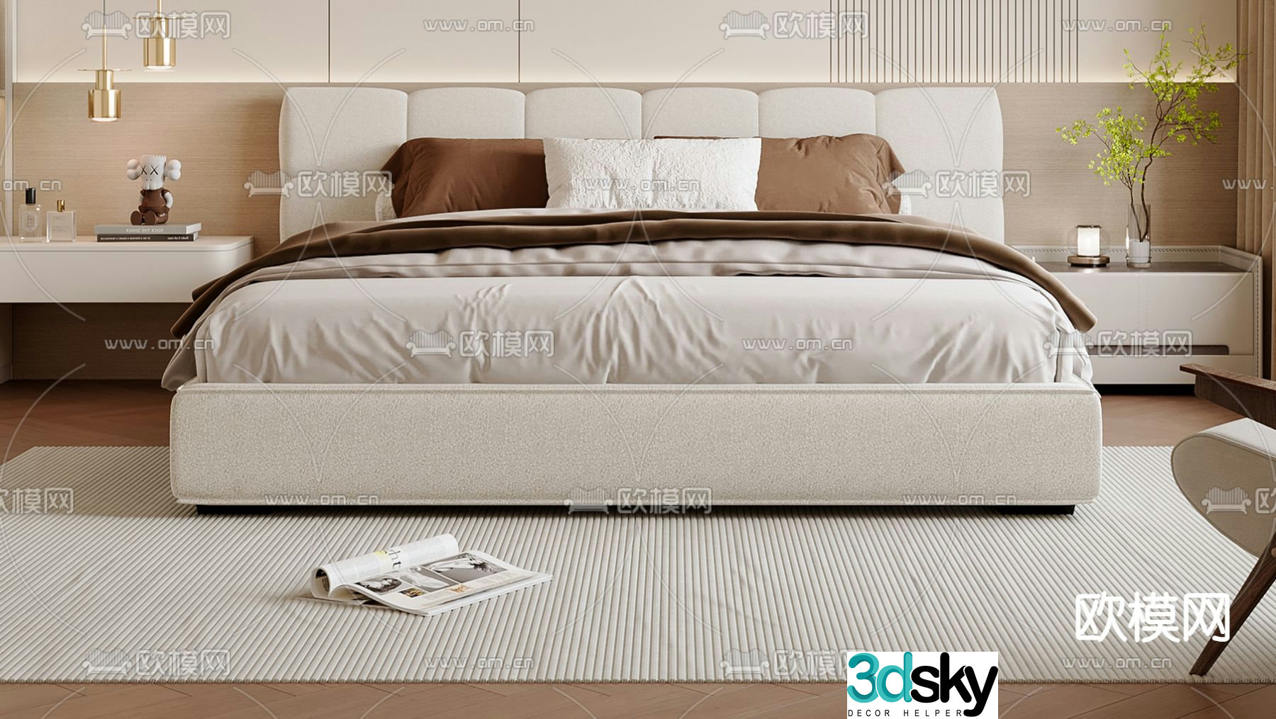 Cream style double bed 3d model
