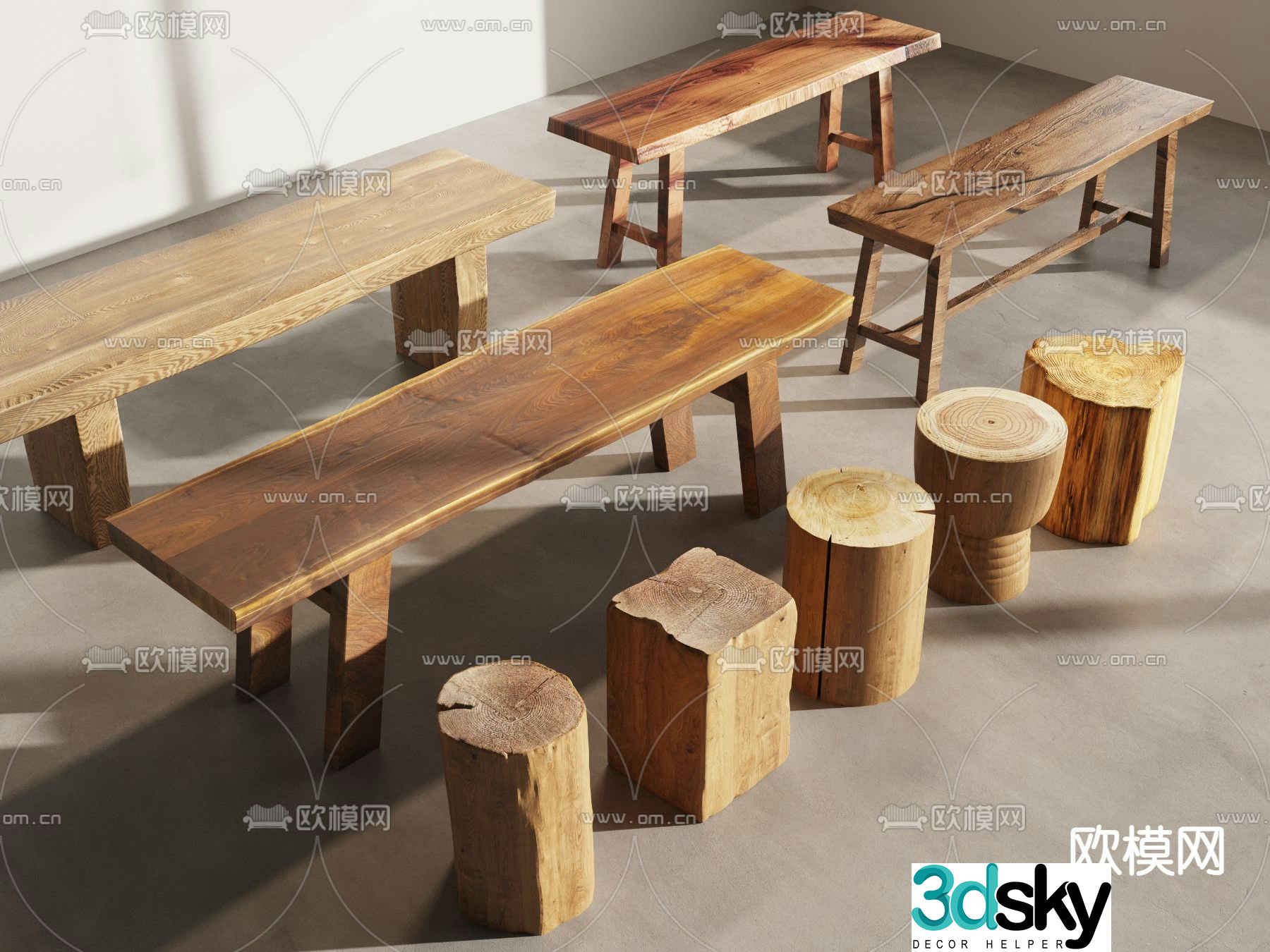 Chinese stool bench bench wooden pile 3d model