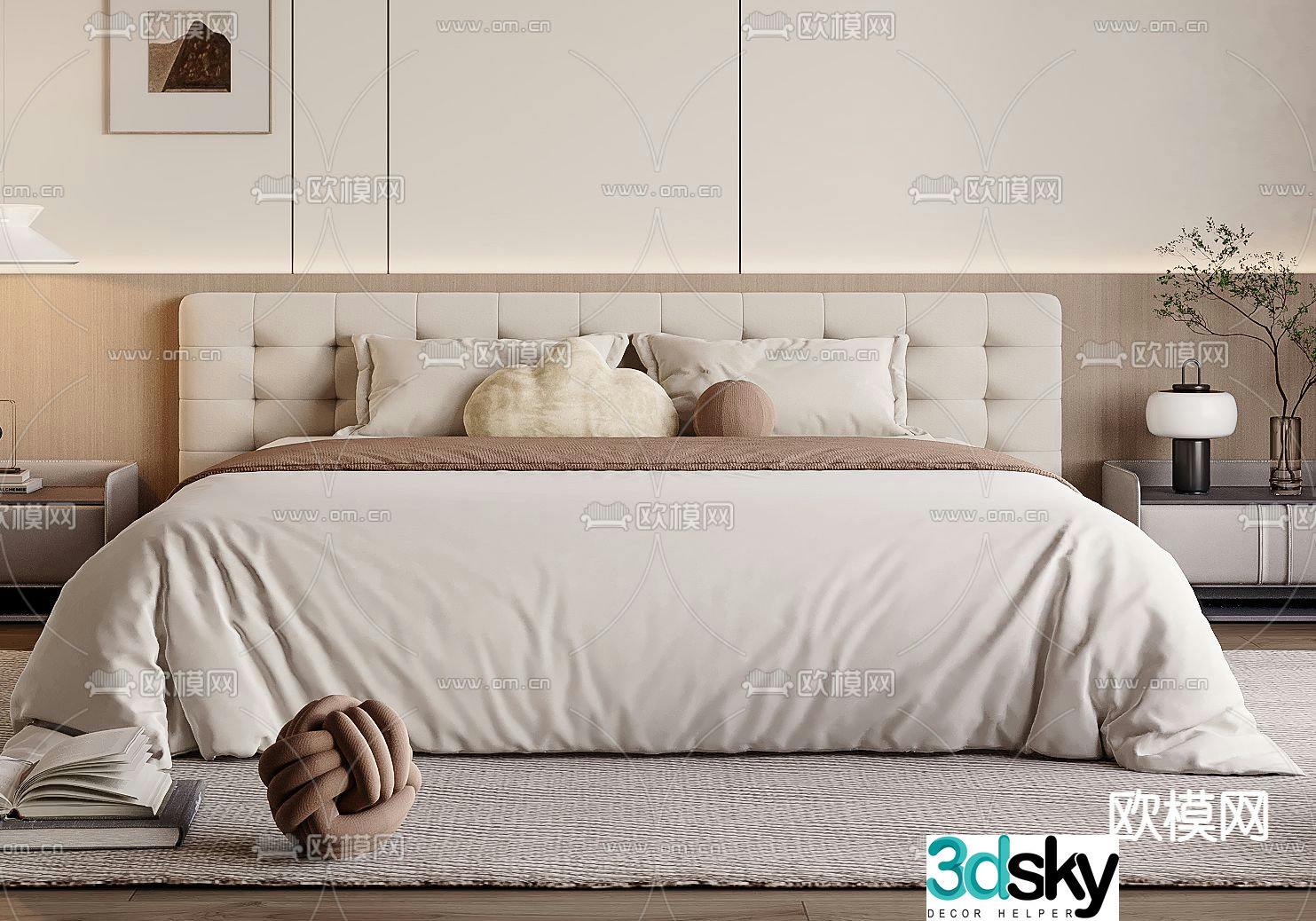 Cream style double bed 3d model