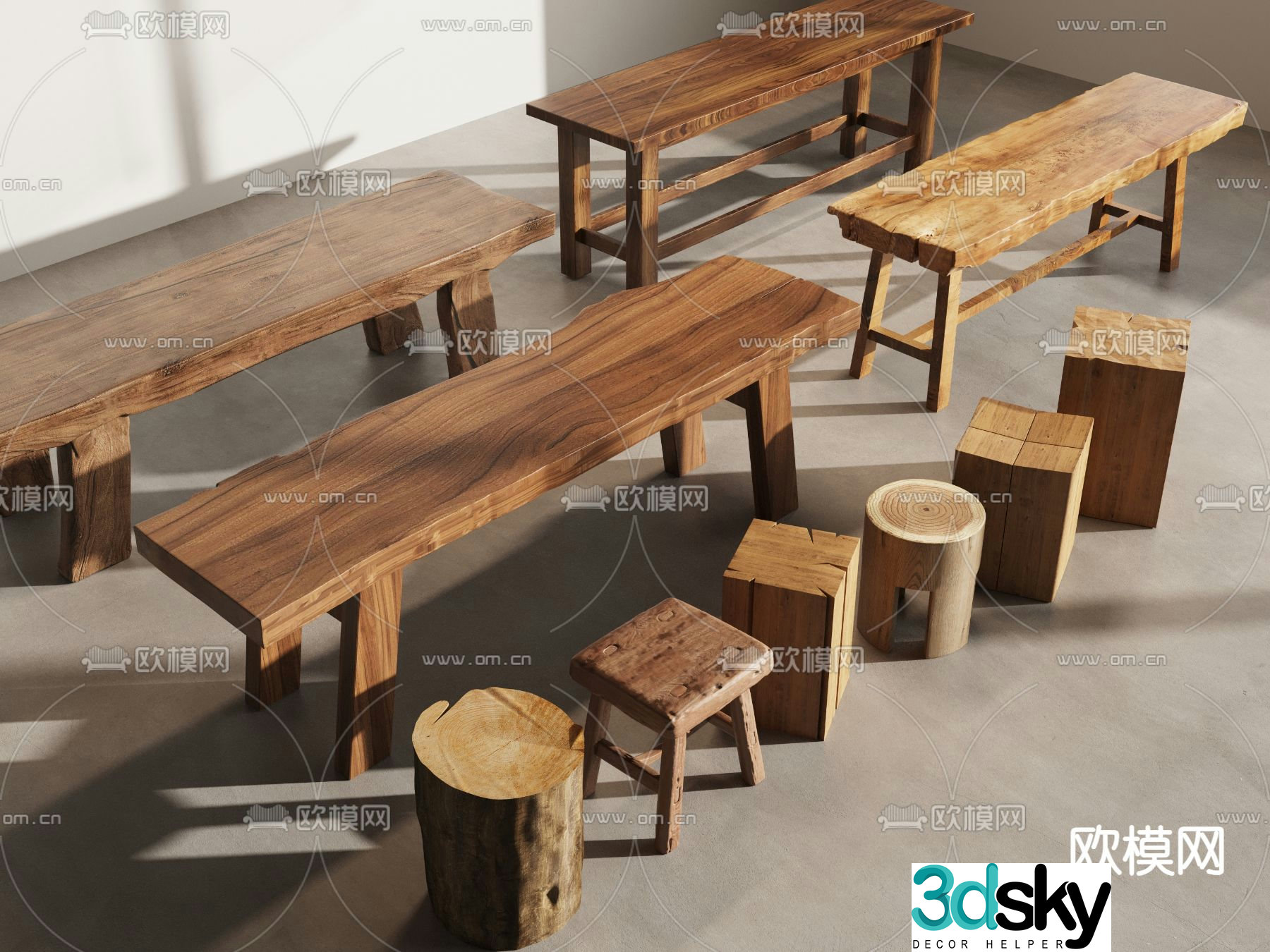 Chinese stool bench bench wooden pile 3d model