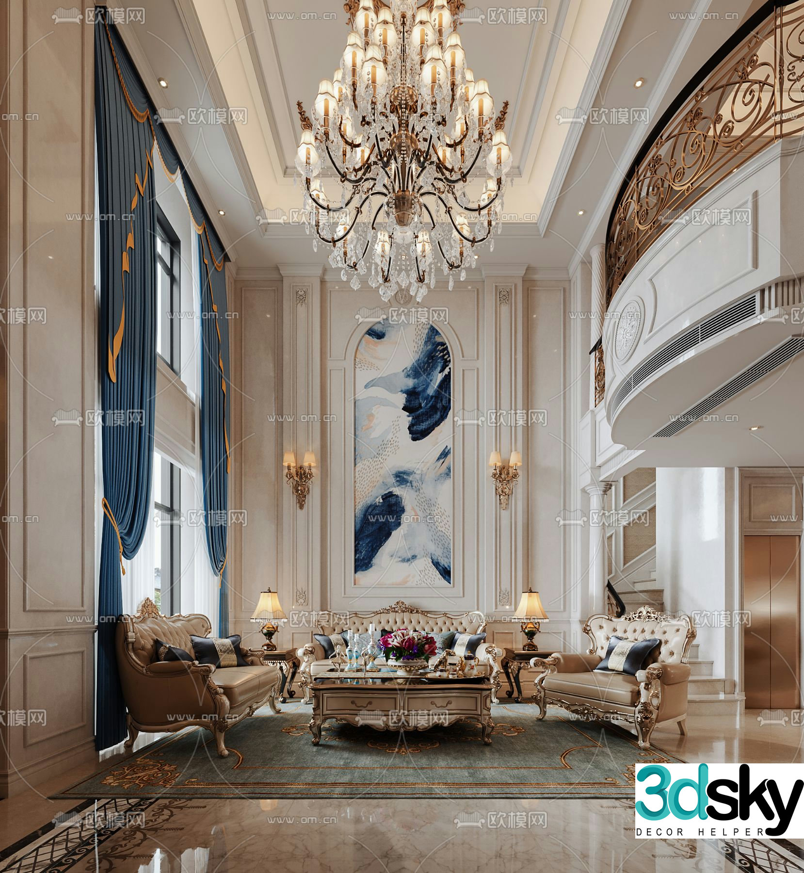 European style villa lobby villa hollow 3D model