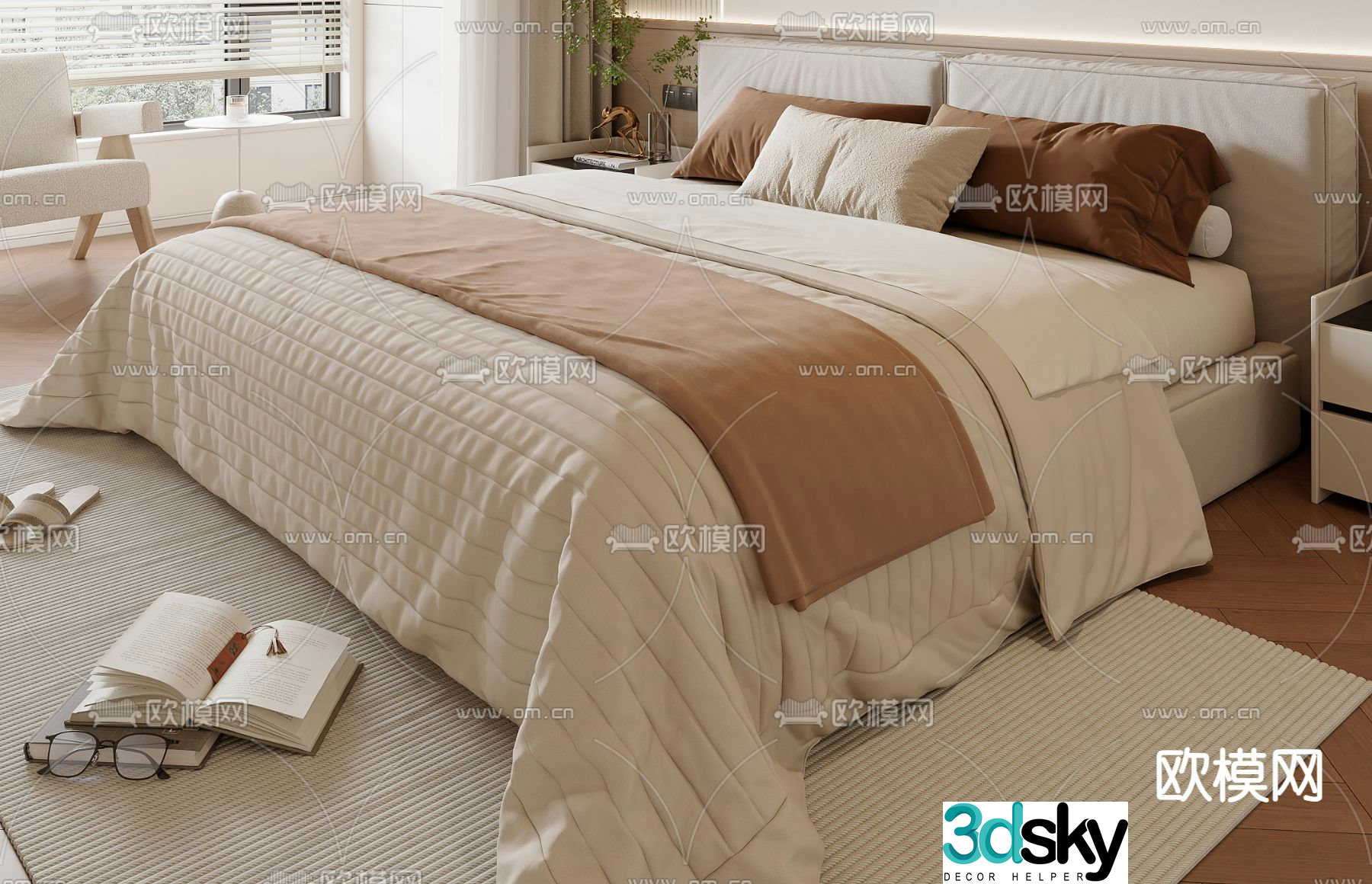 Cream style double bed 3d model