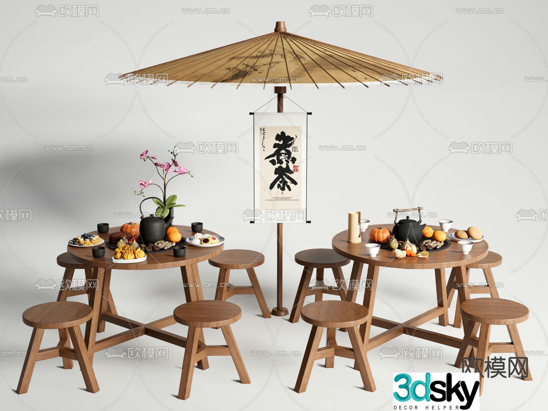 Outdoor table and chairs tea boiling in the stove 3D model