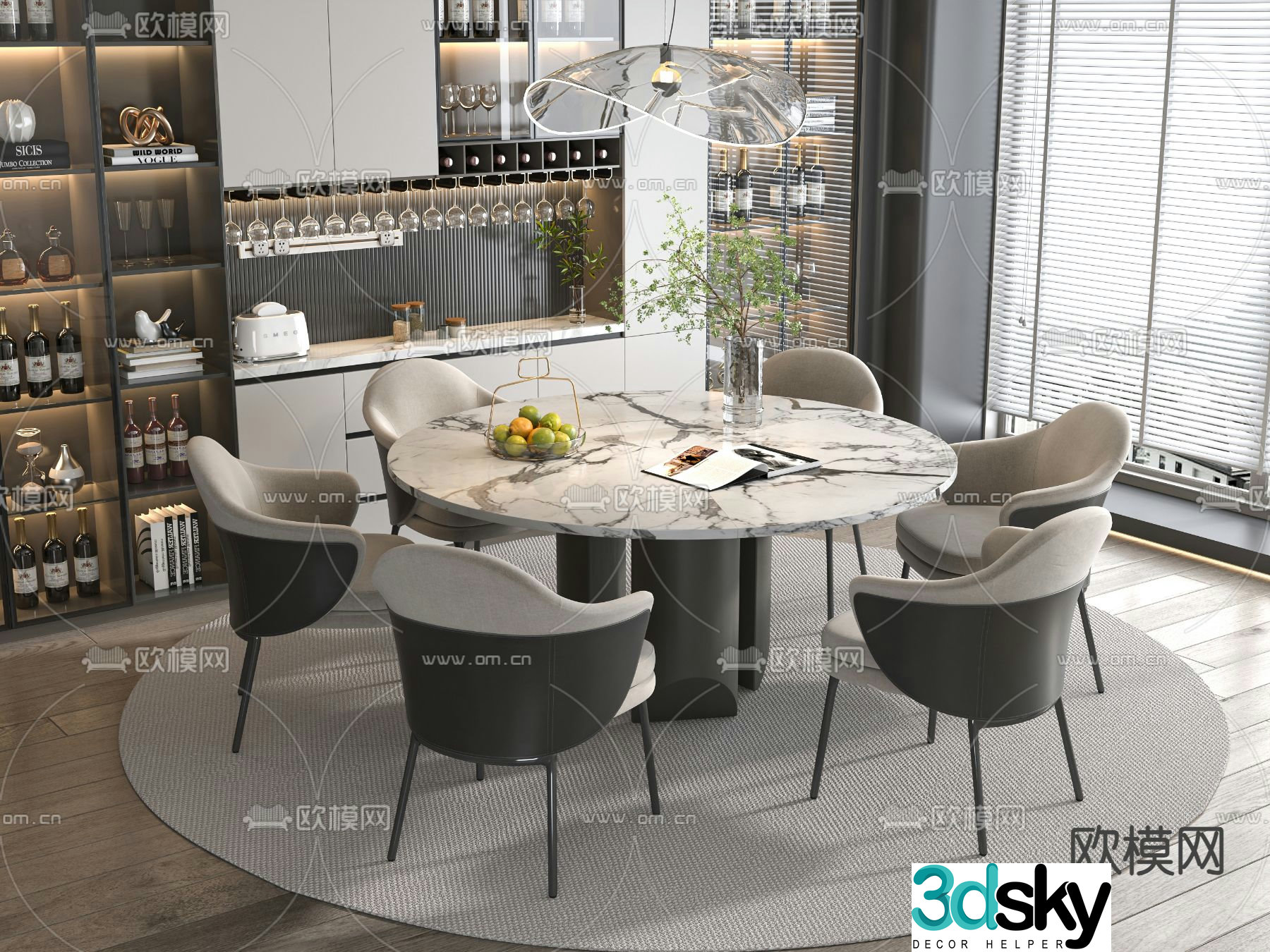 Light luxury dining table and chairs round dining table 3D model