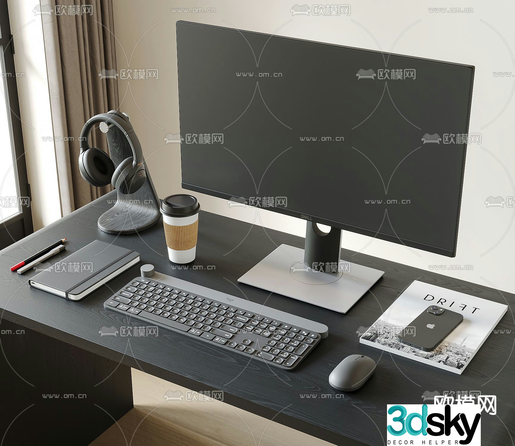 Office supplies computer keyboard mouse notebook mobile phone 3d model