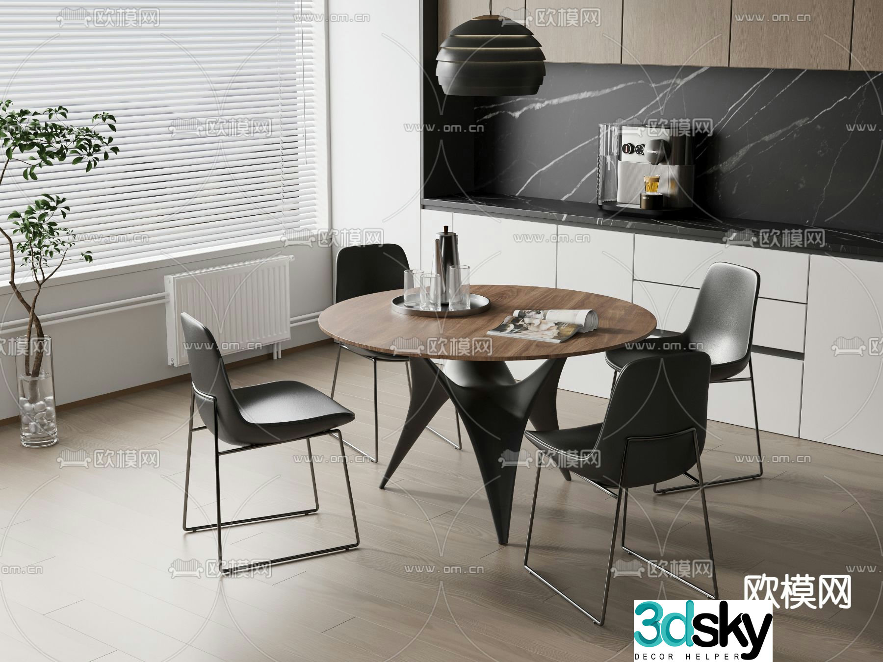 Round dining table and chairs 3d model