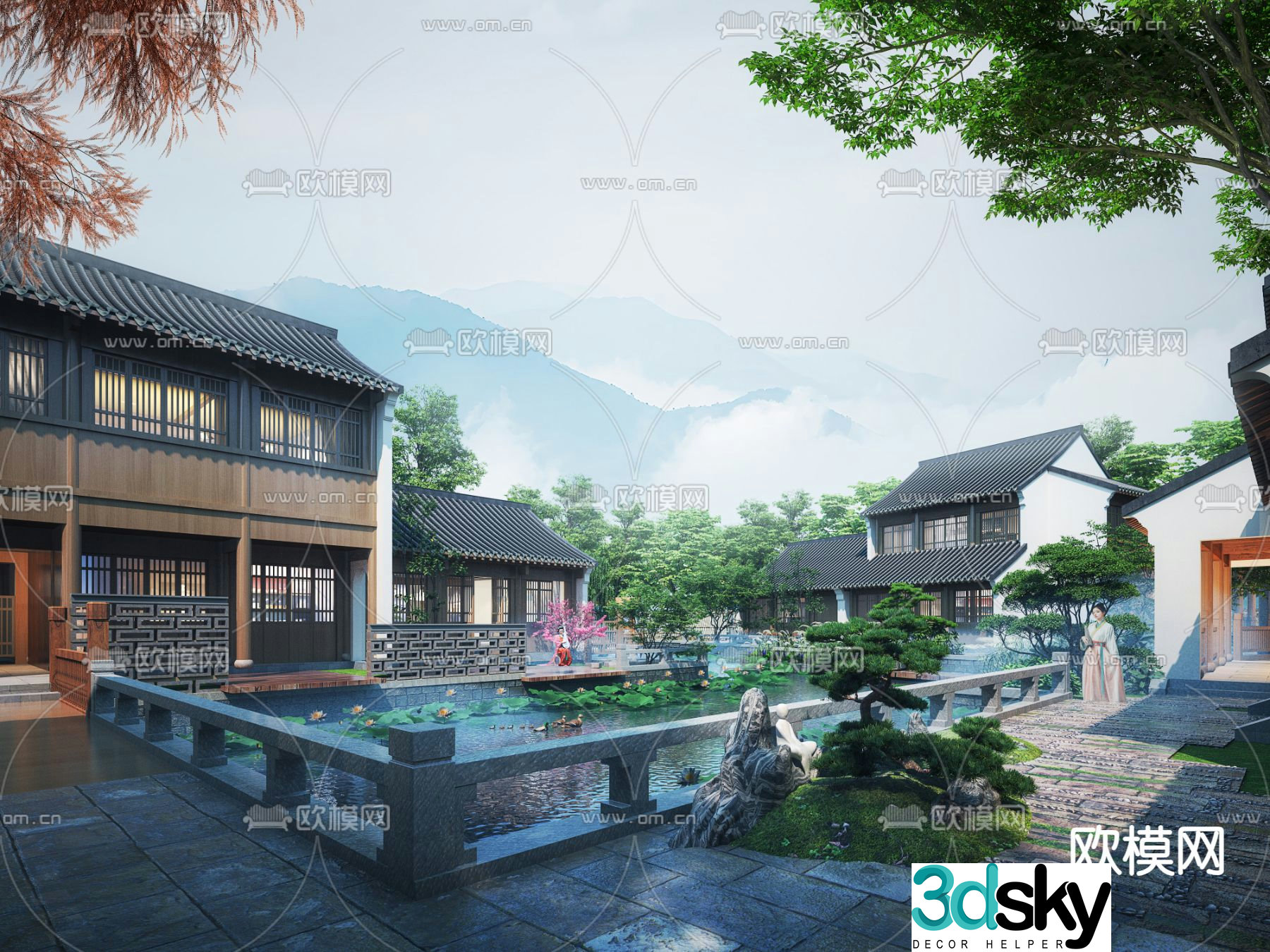 New Chinese style ancient building wetland park 3D model