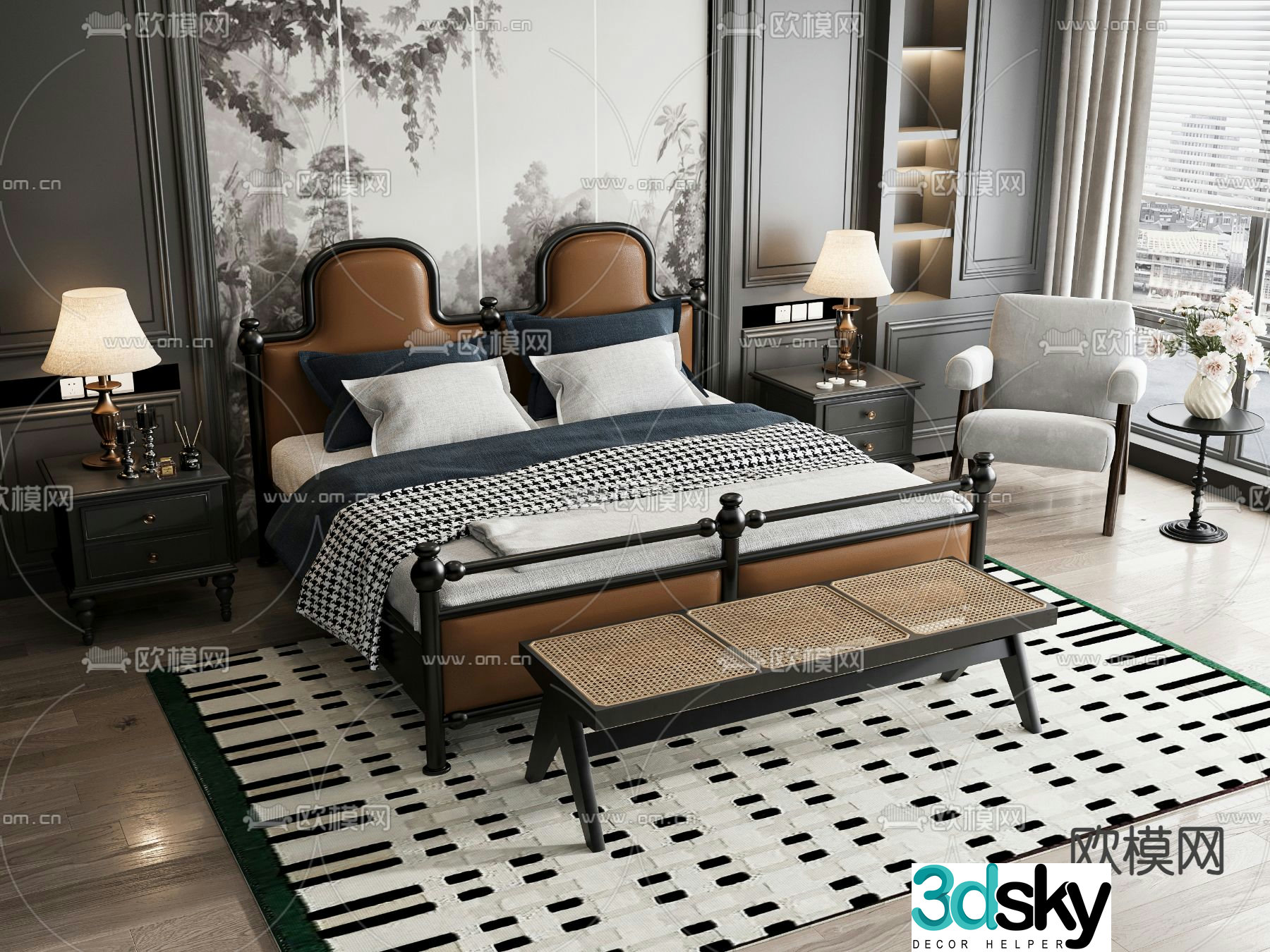 French double bed 3d model