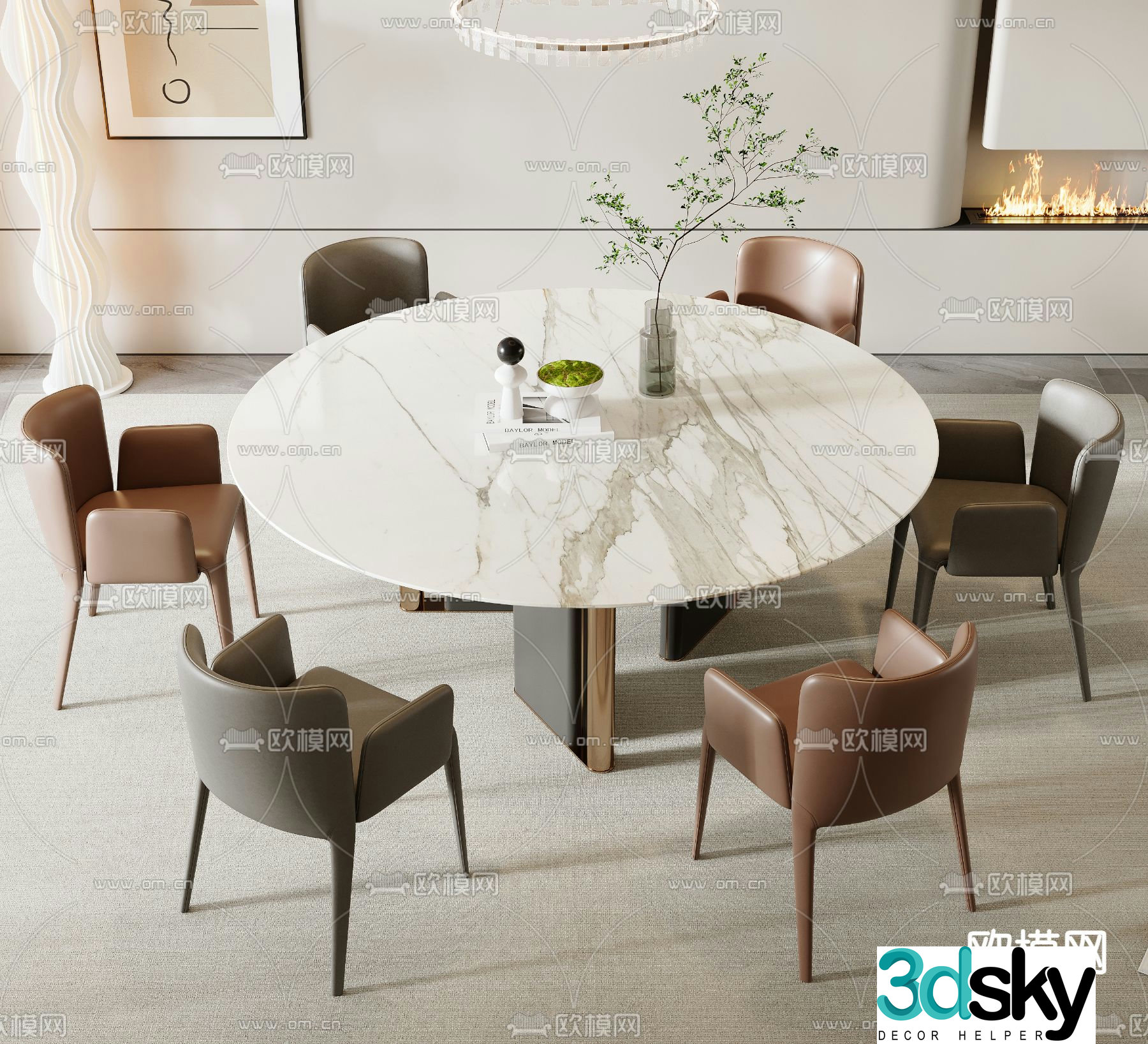 Round dining table and chairs slate dining table 3d model