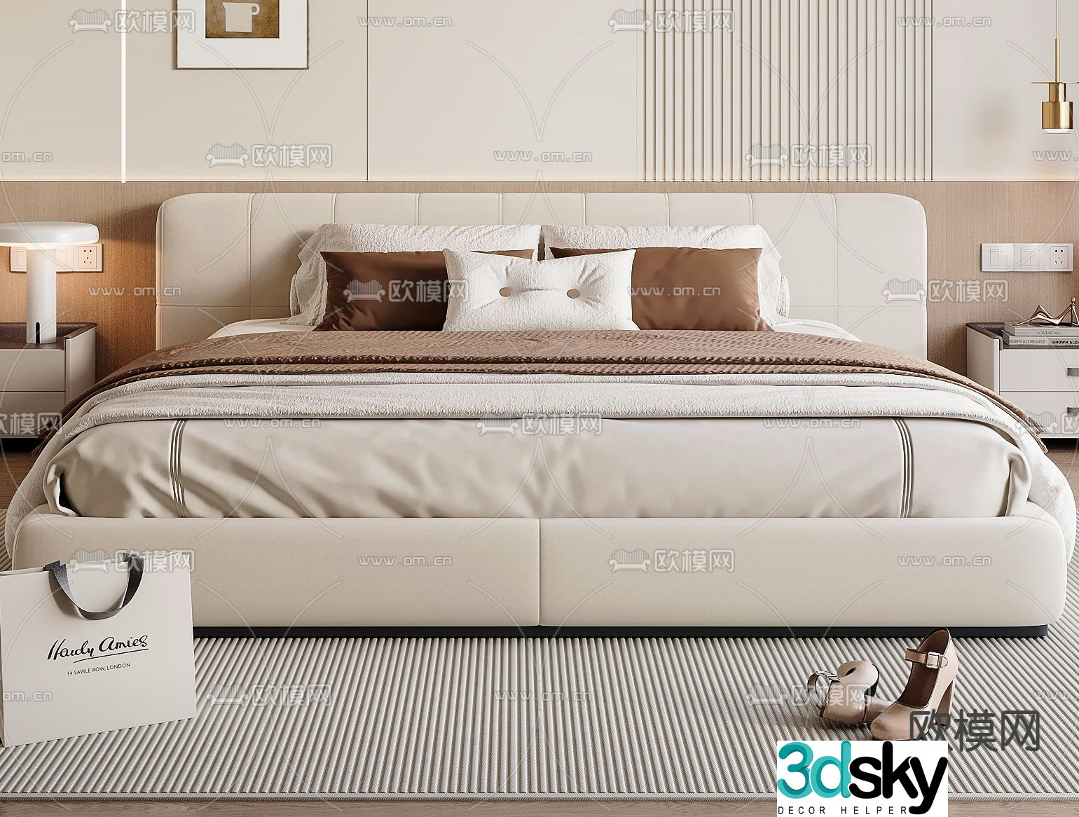 Cream style double bed 3d model