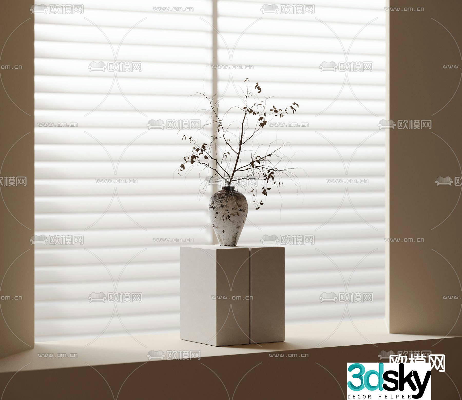 Clay pot vase flower art flower arrangement branch 3d model