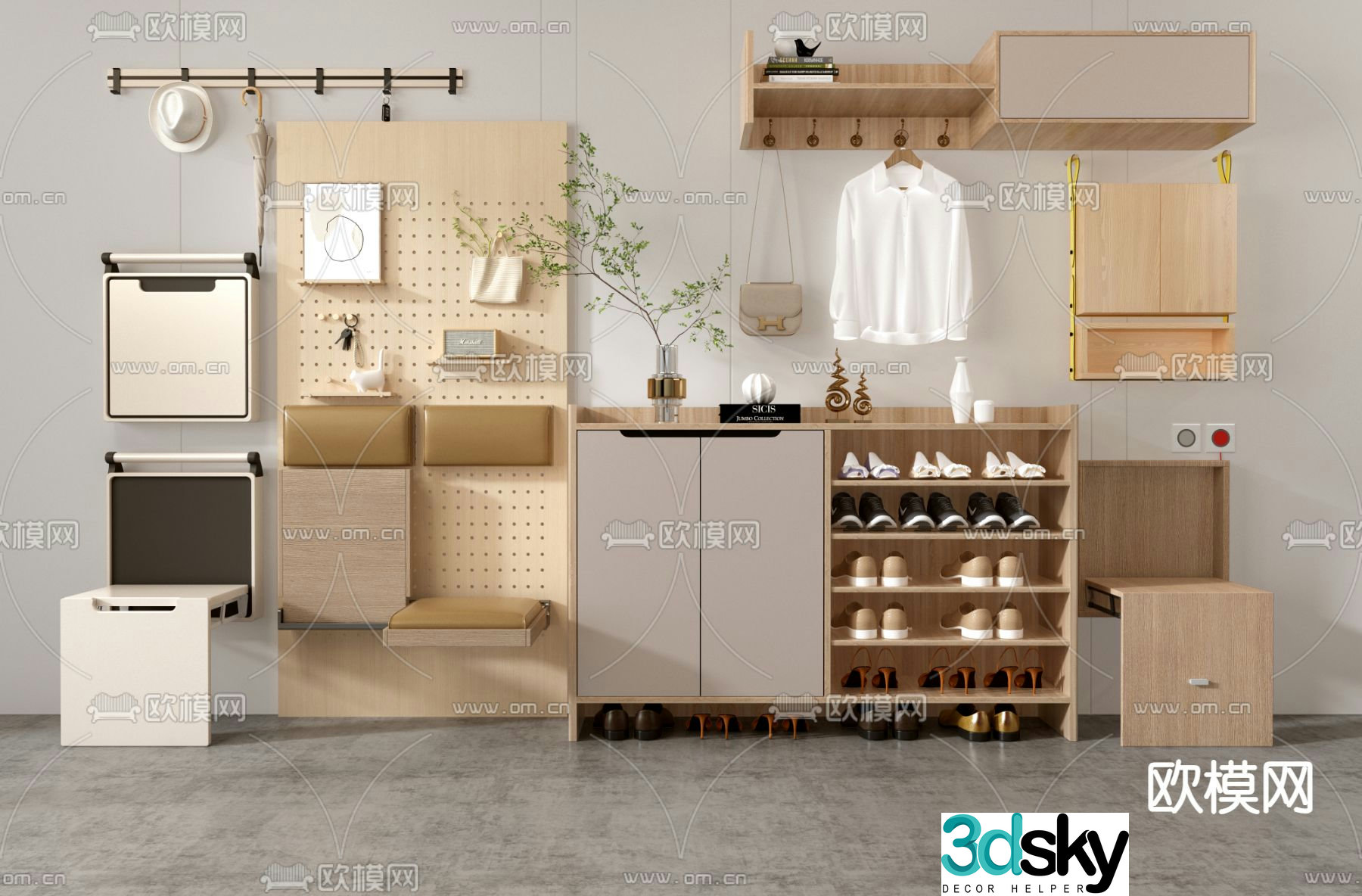 Entrance shoe cabinet perforated board shoe changing stool 3D model