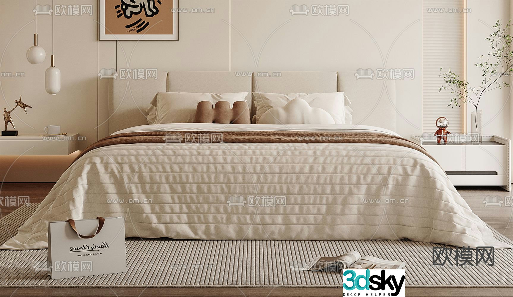 Cream style double bed 3d model