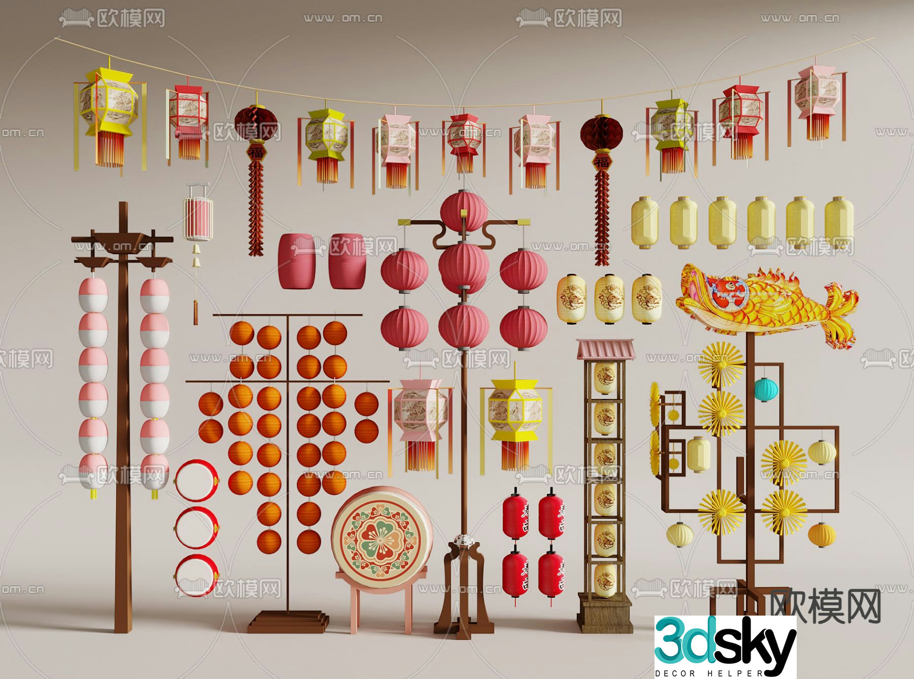 National Trendy Lantern Tang Feng Colorful Lantern Palace Lantern 3D Model