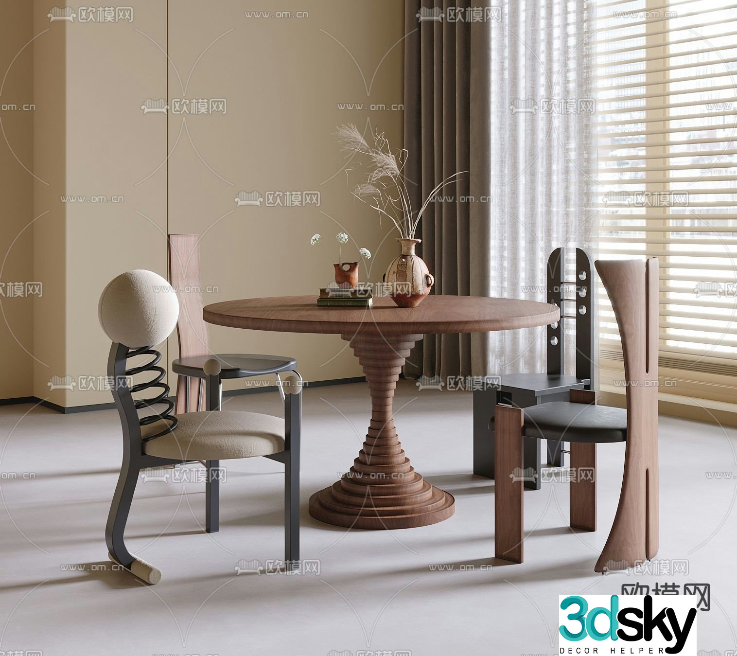 Medieval style dining table and chairs round dining table 3D model