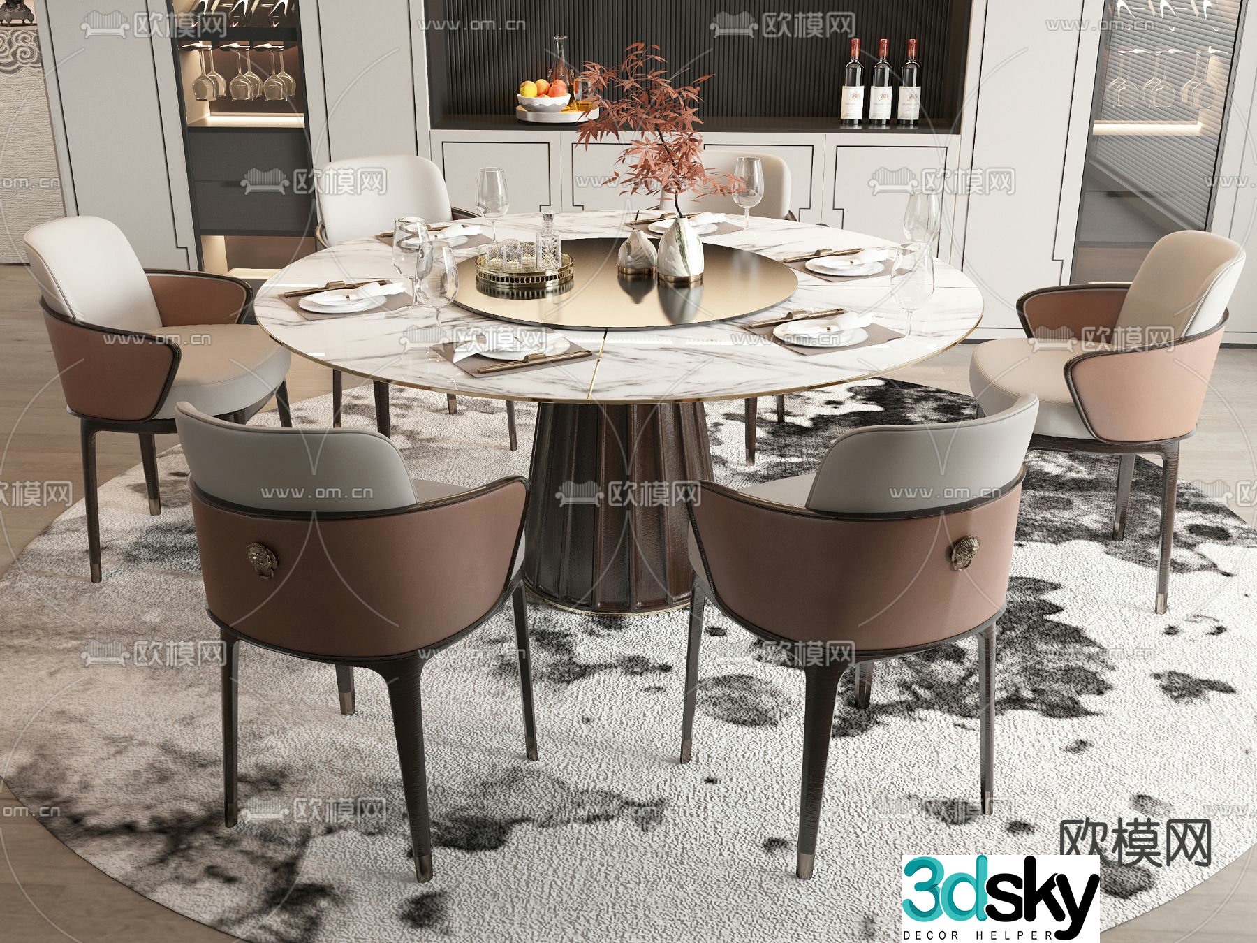 New Chinese style dining table and chairs round dining table 3d model