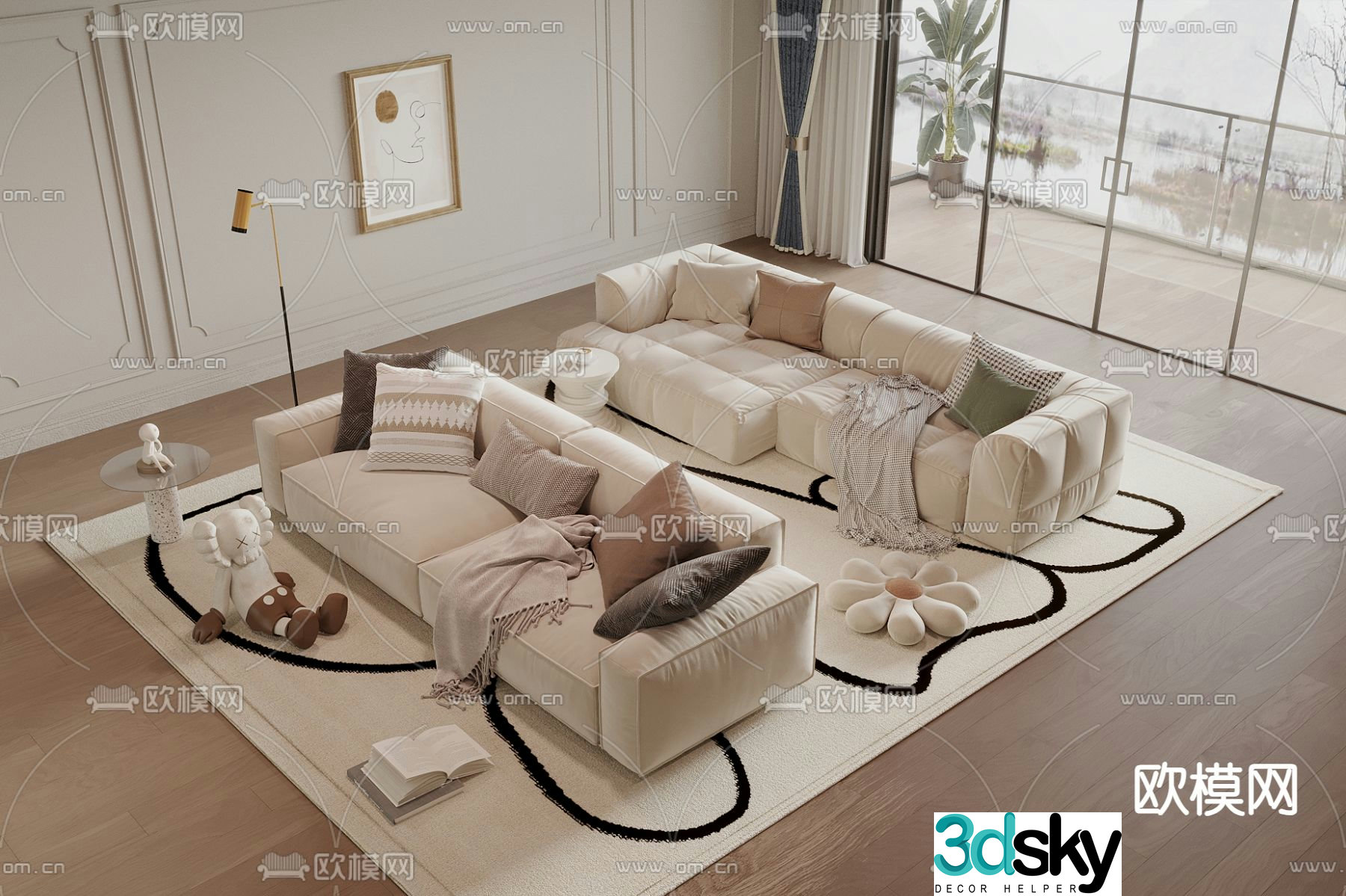 Cream style sofa double sofa 3d model